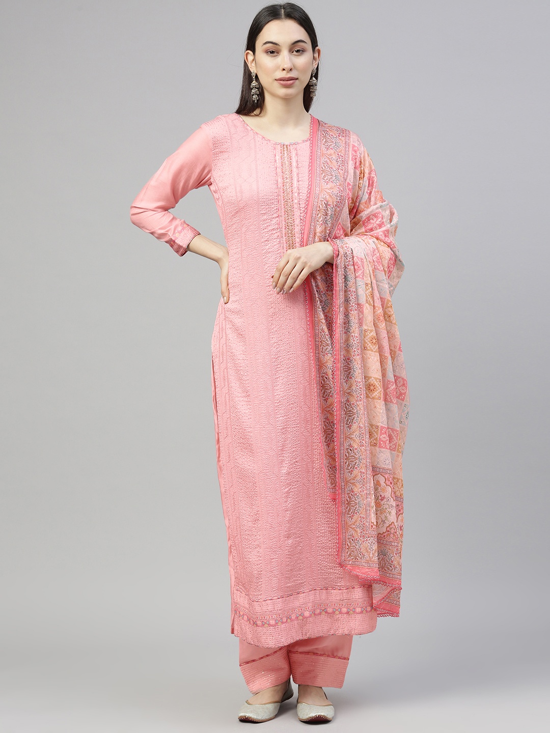SheWill Women Pink Ethnic Motifs Embroidered Regular Pure Silk Kurta with Trousers & With Dupatta
SheWill Women Pink Ethnic Motifs Embroidered Regular Pure Silk Kurta with Trousers & With Dupatta