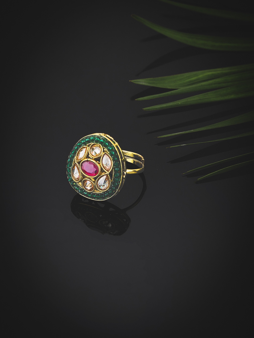 KOLHA-BY CARLTON Purple Gold-Plated Kundan-Studded Enameled Adjustable Finger Ring, Green
KOLHA-BY CARLTON Purple Gold-Plated Kundan-Studded Enameled Adjustable Finger Ring, Green