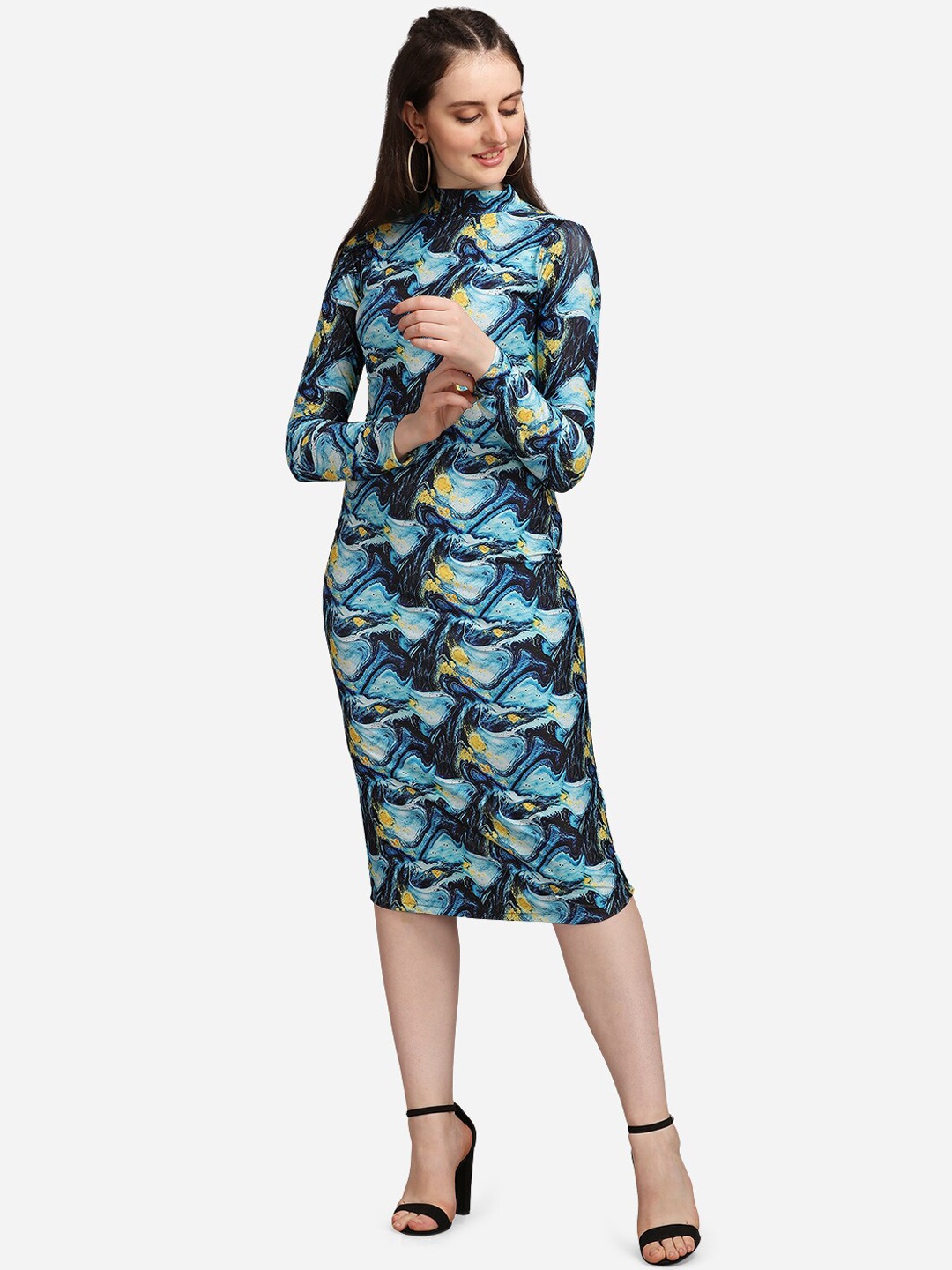 PURVAJA Blue & Black Printed Sheath Midi Dress