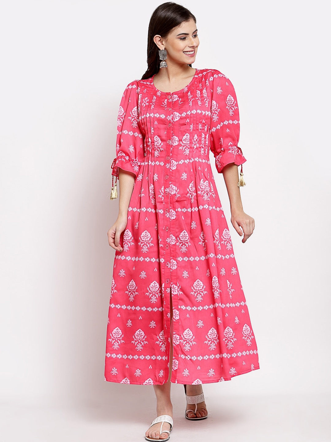 Myshka Pink & White Ethnic Motifs Printed Maxi Dress