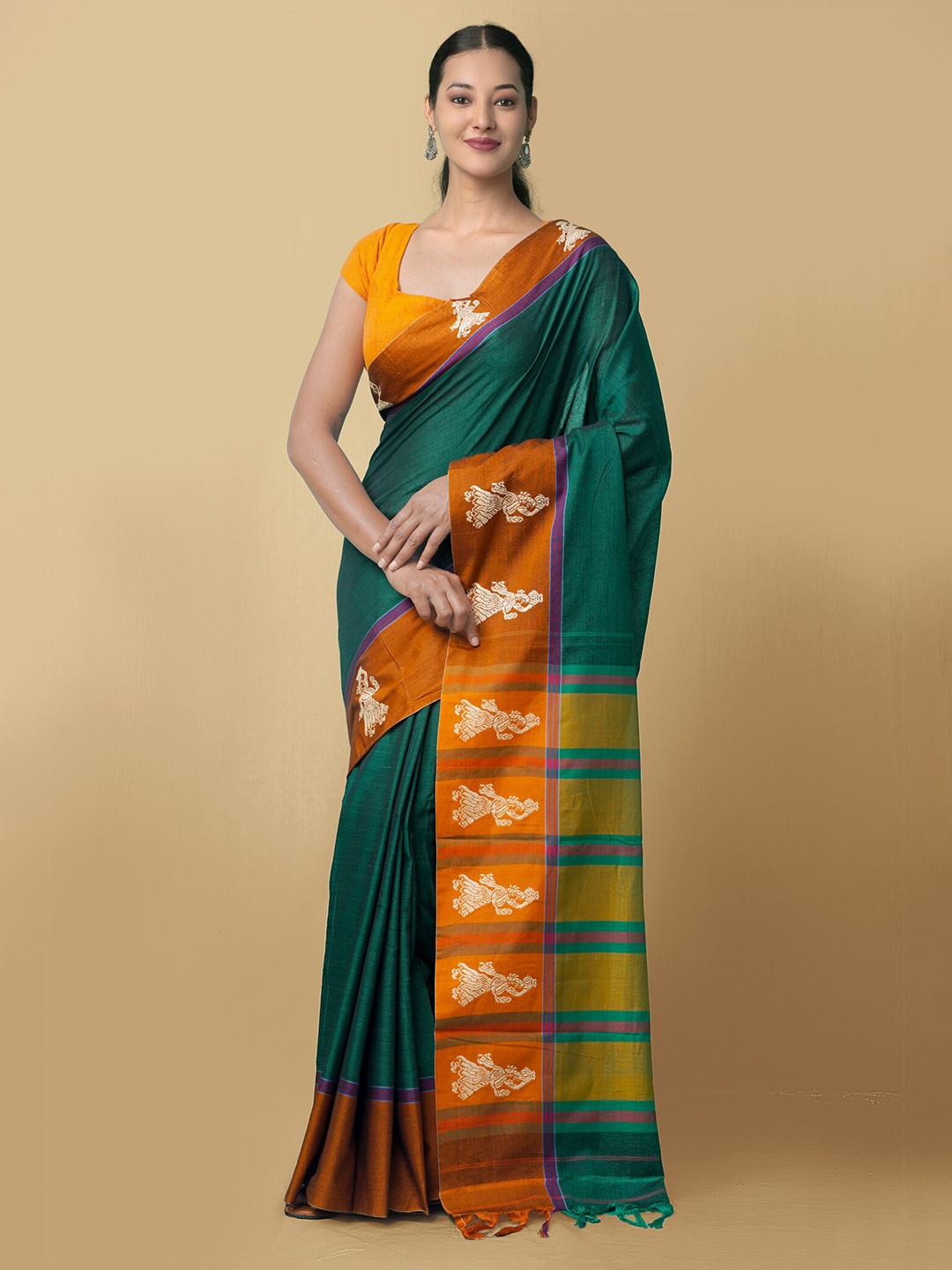 Unnati Silks Green & Rust Pure Cotton Kanjeevaram Saree