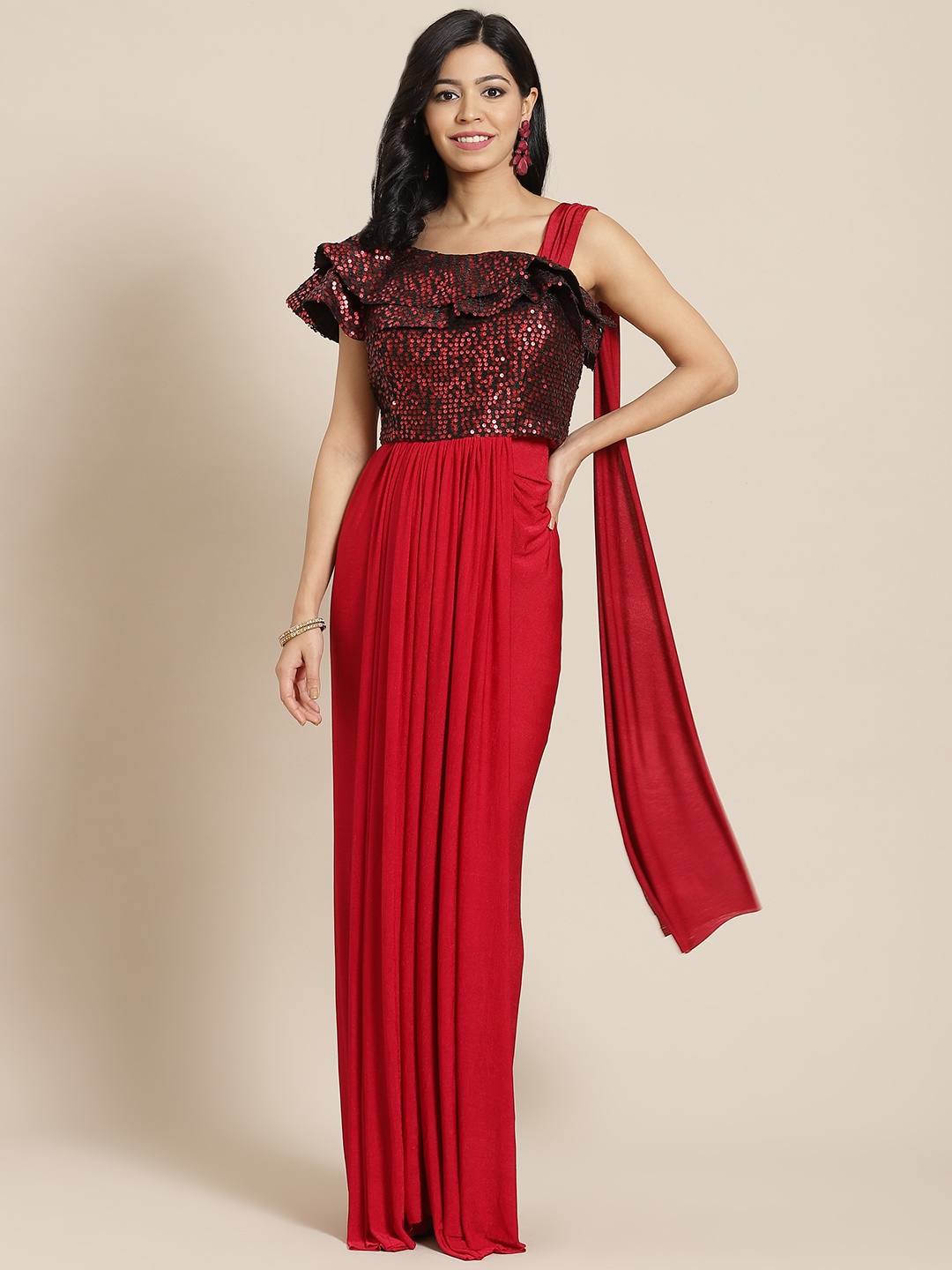 Mitera Maroon Embellished Maxi Dress