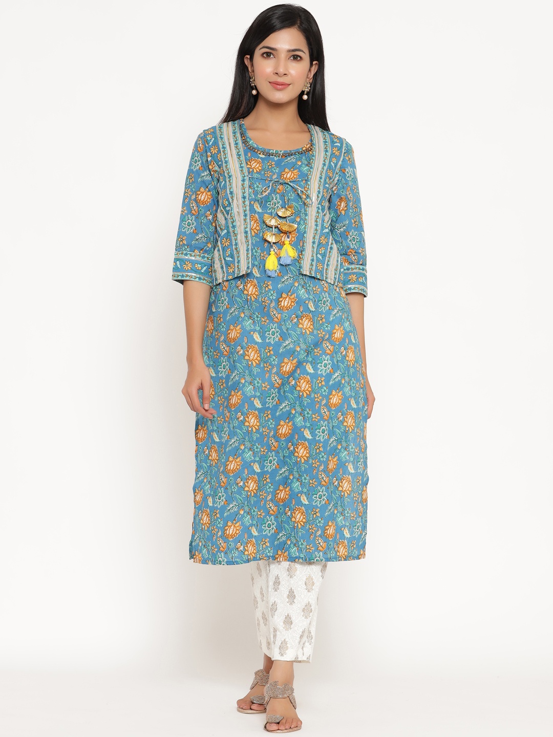 ANAISA Women Blue Floral Printed Bead Work Pure Cotton Kurta with Trousers & Jacket
ANAISA Women Blue Floral Printed Bead Work Pure Cotton Kurta with Trousers & Jacket