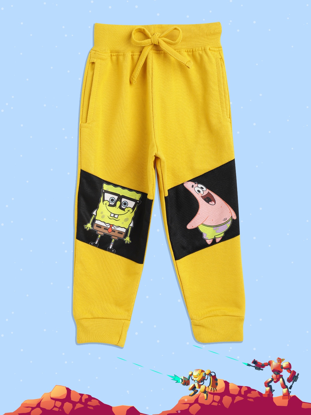 Eteenz Boys Mustard Yellow & Black Colourblocked Joggers with Spongebob Print Detail
Eteenz Boys Mustard Yellow & Black Colourblocked Joggers with Spongebob Print Detail