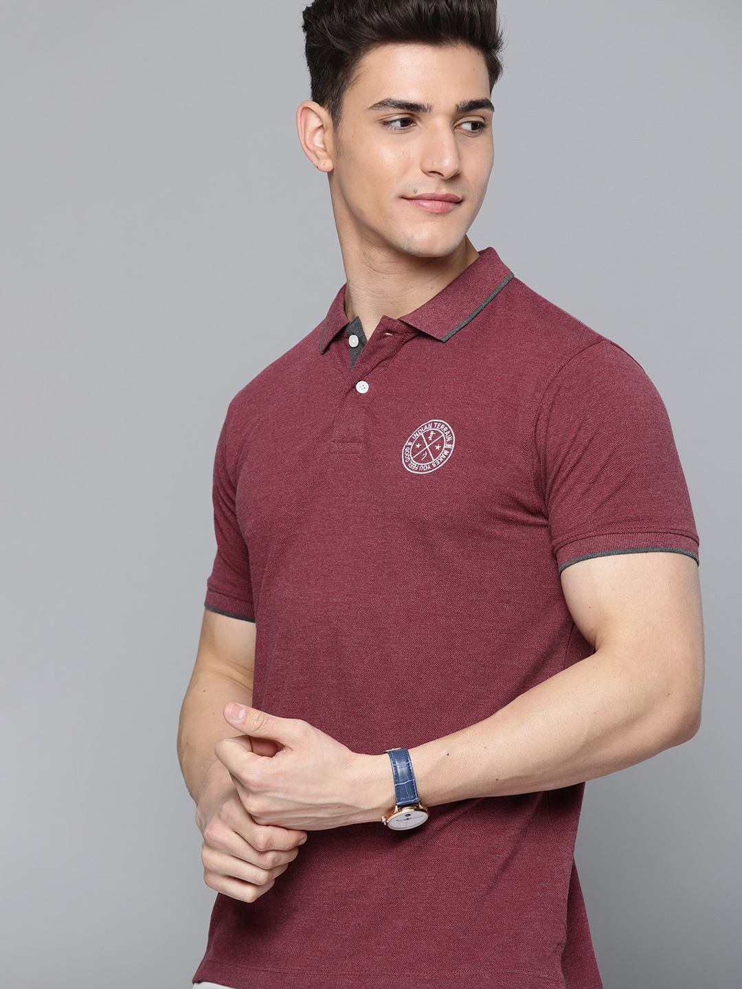 Indian Terrain Men Maroon Brand Logo Polo Collar Applique T-shirt