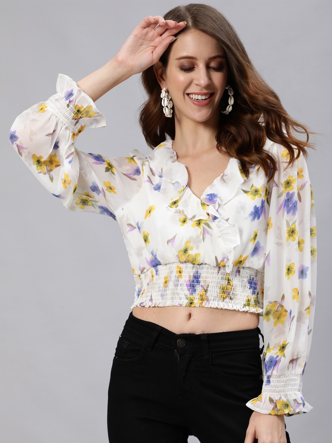 Ishin Off White & Yellow Floral Georgette Blouson Crop Top