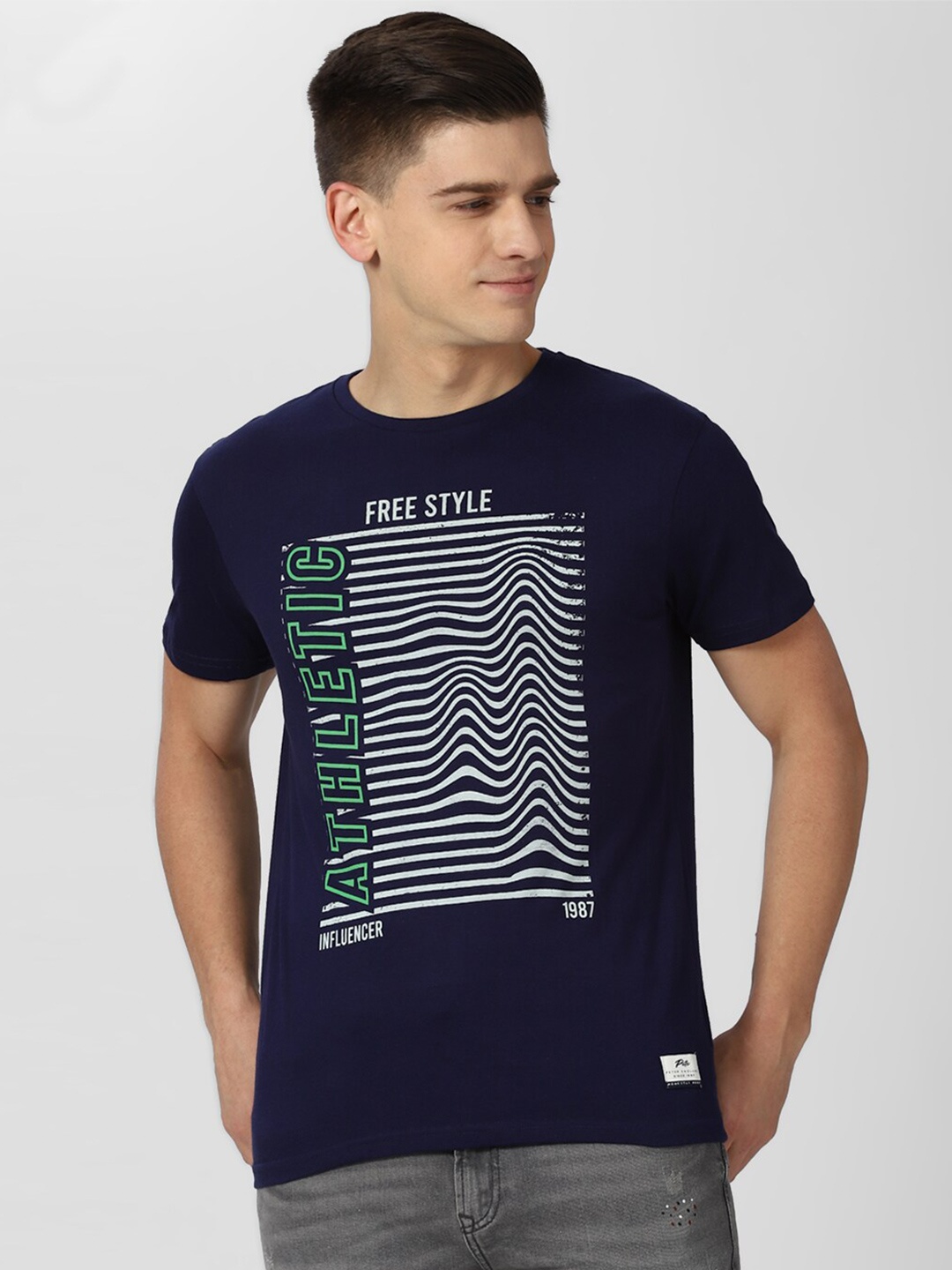 Peter England Casuals Men Navy Blue White Printed Slim Fit Pure Cotton T-shirt