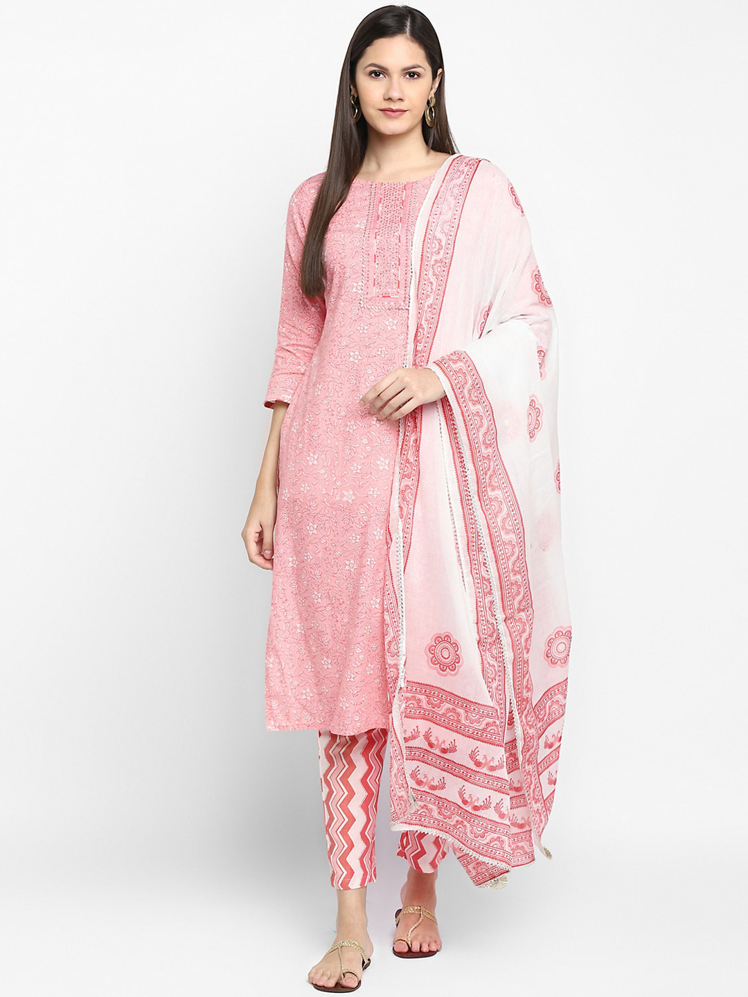 CHRISTEENA Women Pink Floral Printed Regular Pure Cotton Kurta with Trousers & Dupatta
CHRISTEENA Women Pink Floral Printed Regular Pure Cotton Kurta with Trousers & Dupatta