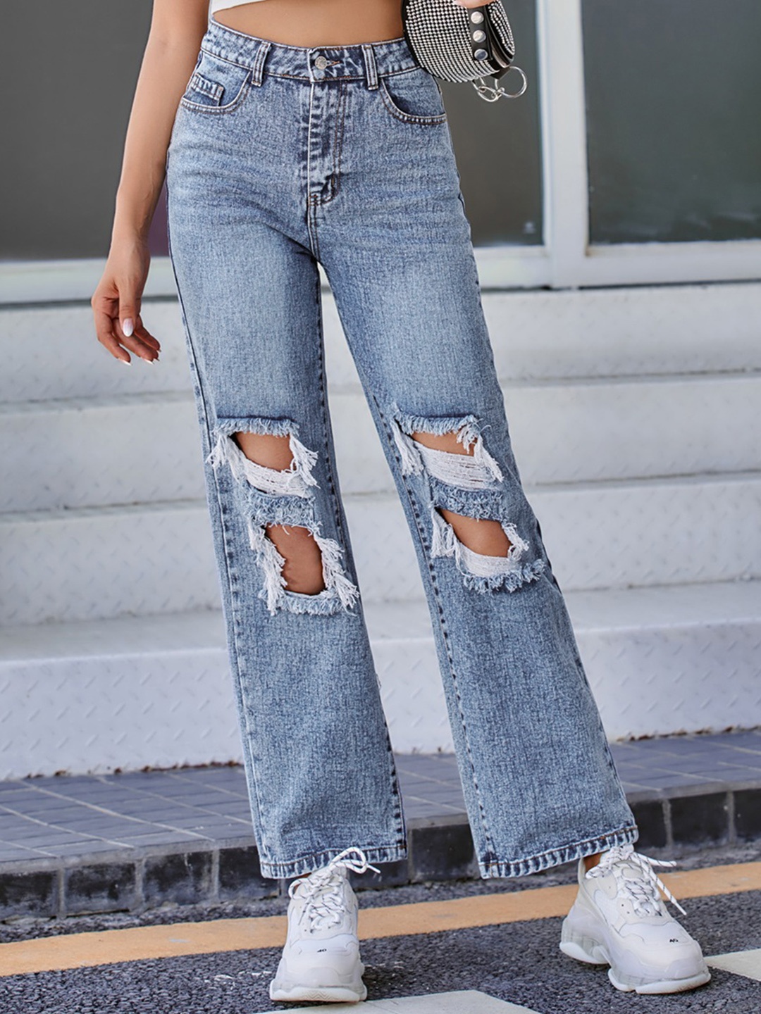 URBANIC Women Blue Cotton Straight Fit Highly Distressed Light Fade Stretchable Jeans
URBANIC Women Blue Cotton Straight Fit Highly Distressed Light Fade Stretchable Jeans
