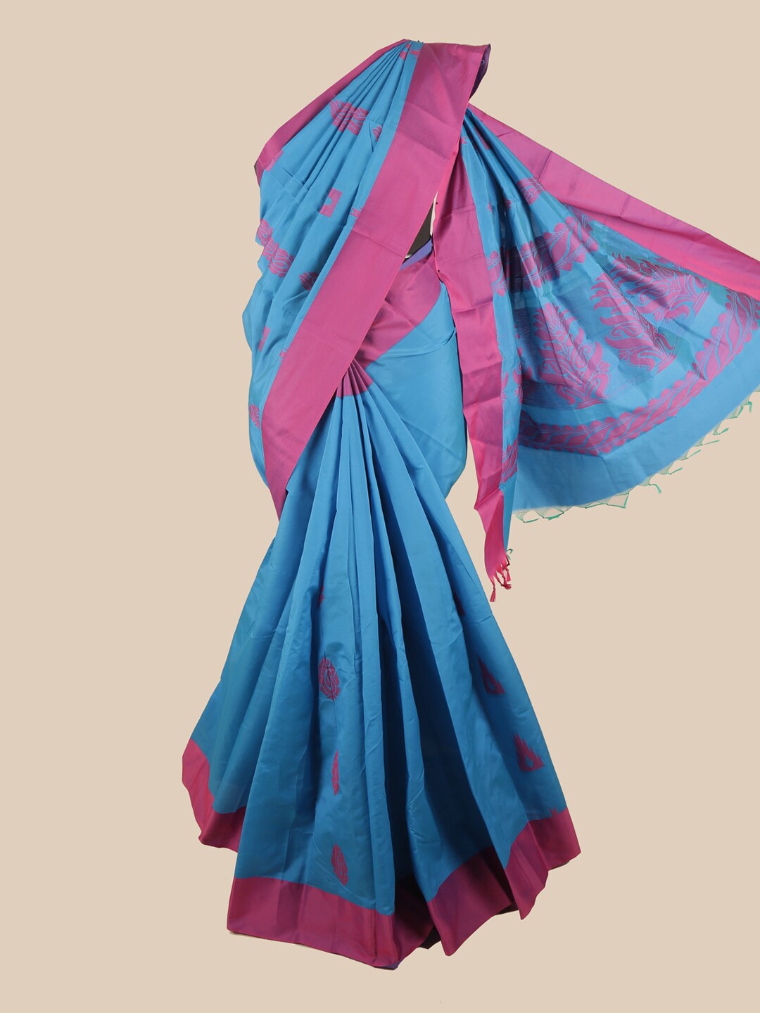 Pothys Blue & Pink Floral Silk Cotton Saree