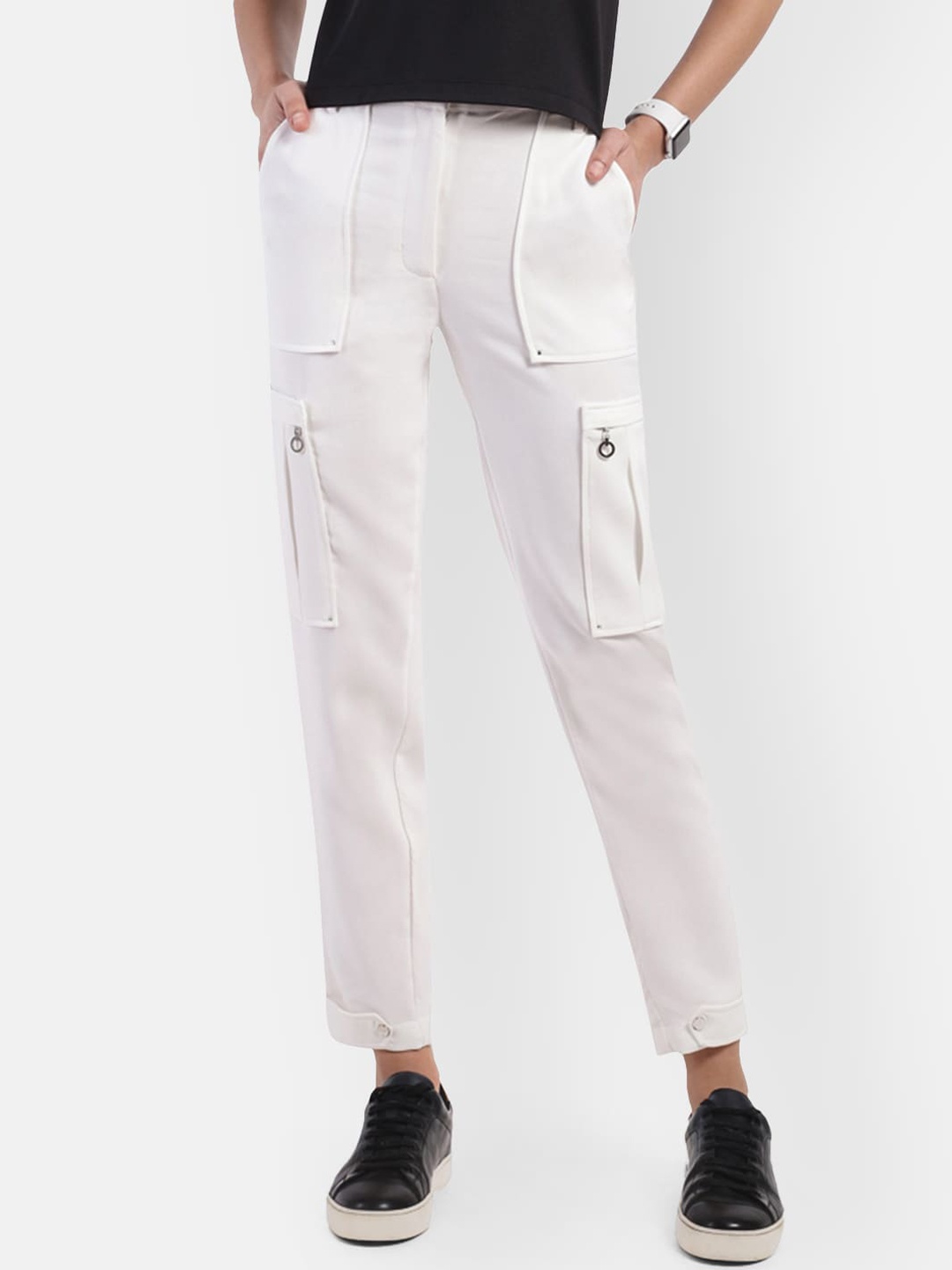 R26 Women White Straight Fit Cargos Trousers