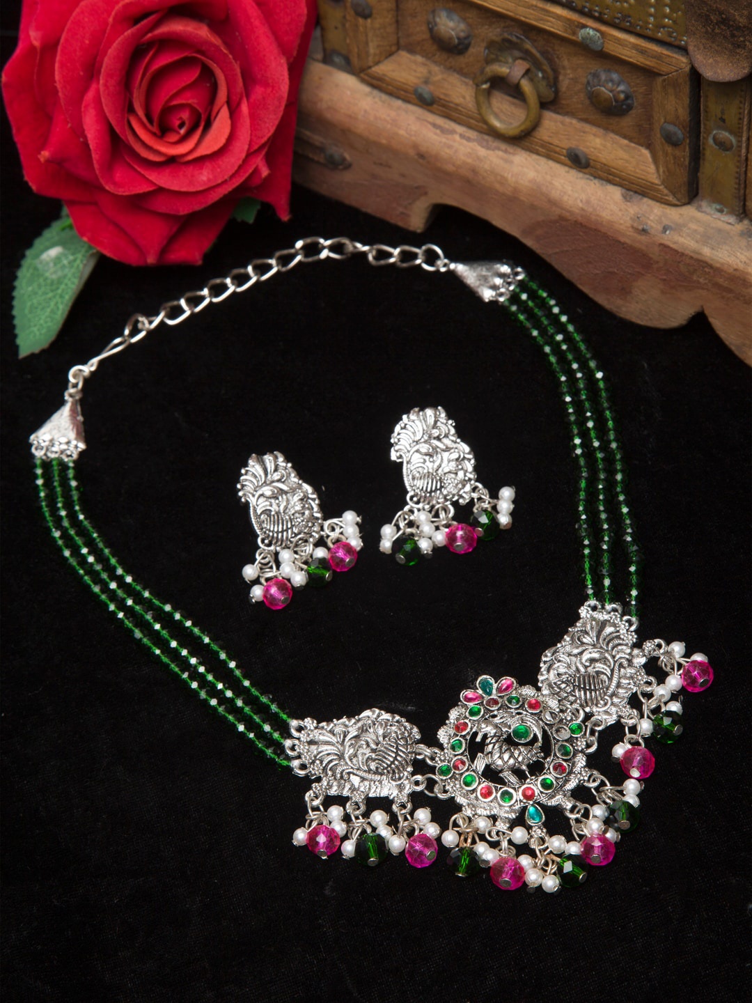 Moedbuille Green & Pink Temple Design Silver-Plated Crystal Oxidized Choker Jewellery Set
Moedbuille Green & Pink Temple Design Silver-Plated Crystal Oxidized Choker Jewellery Set