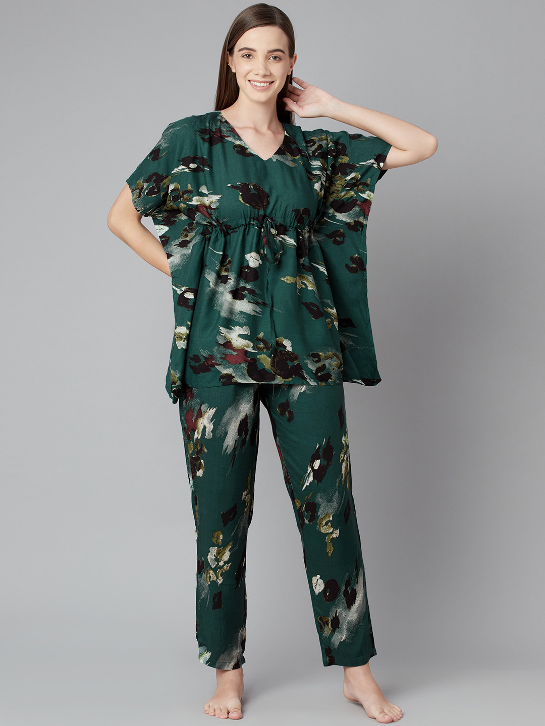 RUNWAYIN Women Green & Black Printed Night suit
RUNWAYIN Women Green & Black Printed Night suit