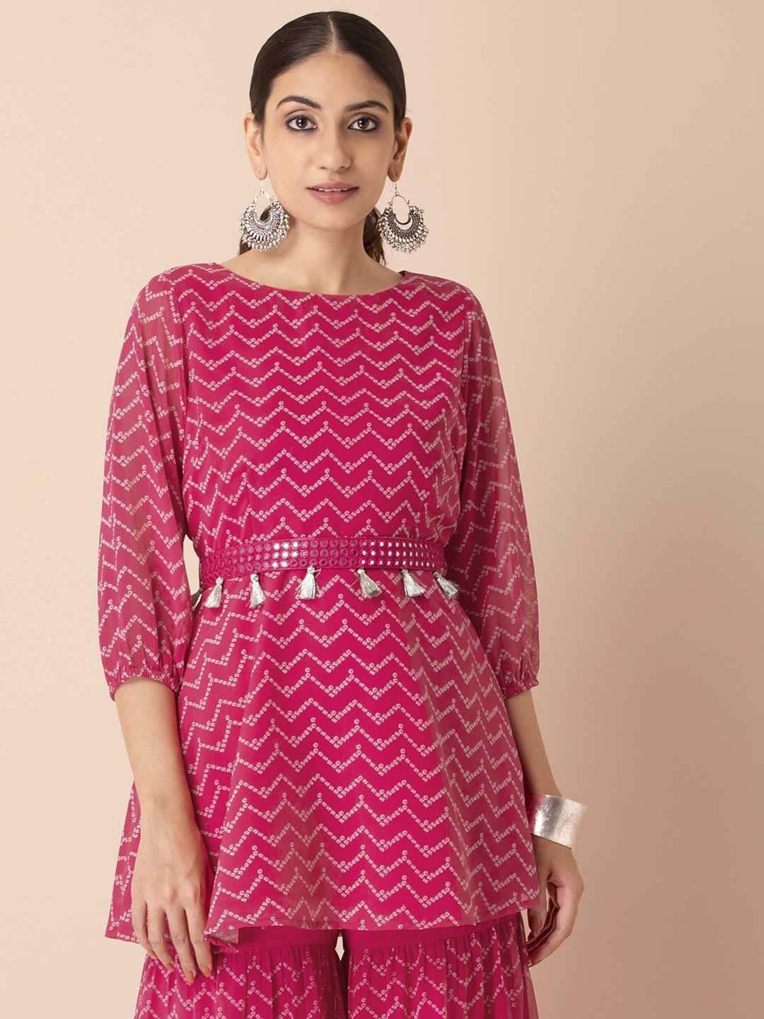 INDYA X Shraddha Kapoor Women Pink Geometric Embellished Belted Short Kurta
