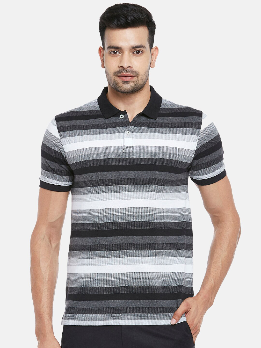 BYFORD by Pantaloons Men Black Striped Polo Collar Pockets Slim Fit T-shirt
BYFORD by Pantaloons Men Black Striped Polo Collar Pockets Slim Fit T-shirt
