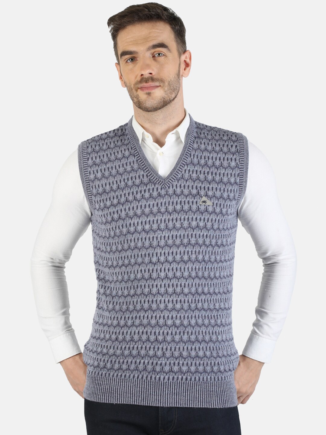 Monte Carlo Men Grey & Purple Geometric Self Design Pure Woollen Sweater Vest
Monte Carlo Men Grey & Purple Geometric Self Design Pure Woollen Sweater Vest