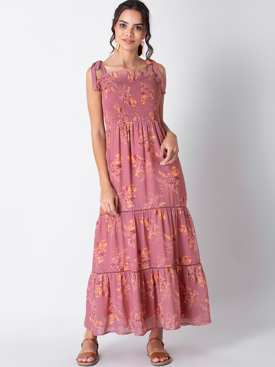 FabAlley Women Pink & Orange Floral Georgette Maxi Dress