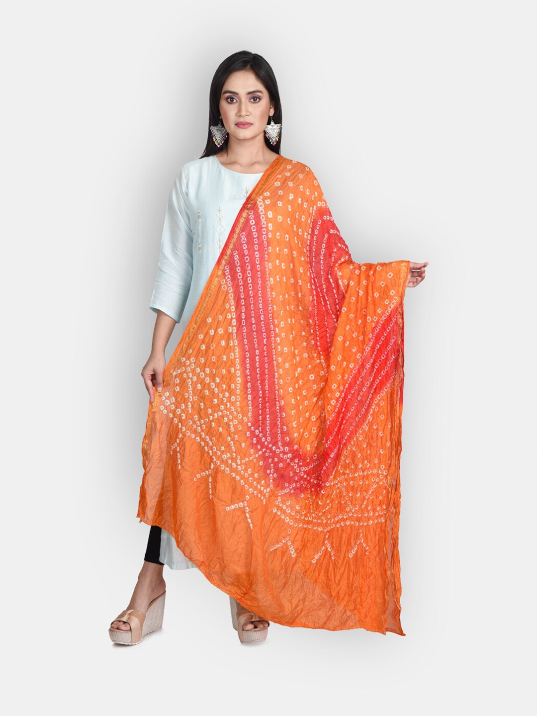Sanwara Red & Orange Bandhani Printed Pure Silk Dupatta