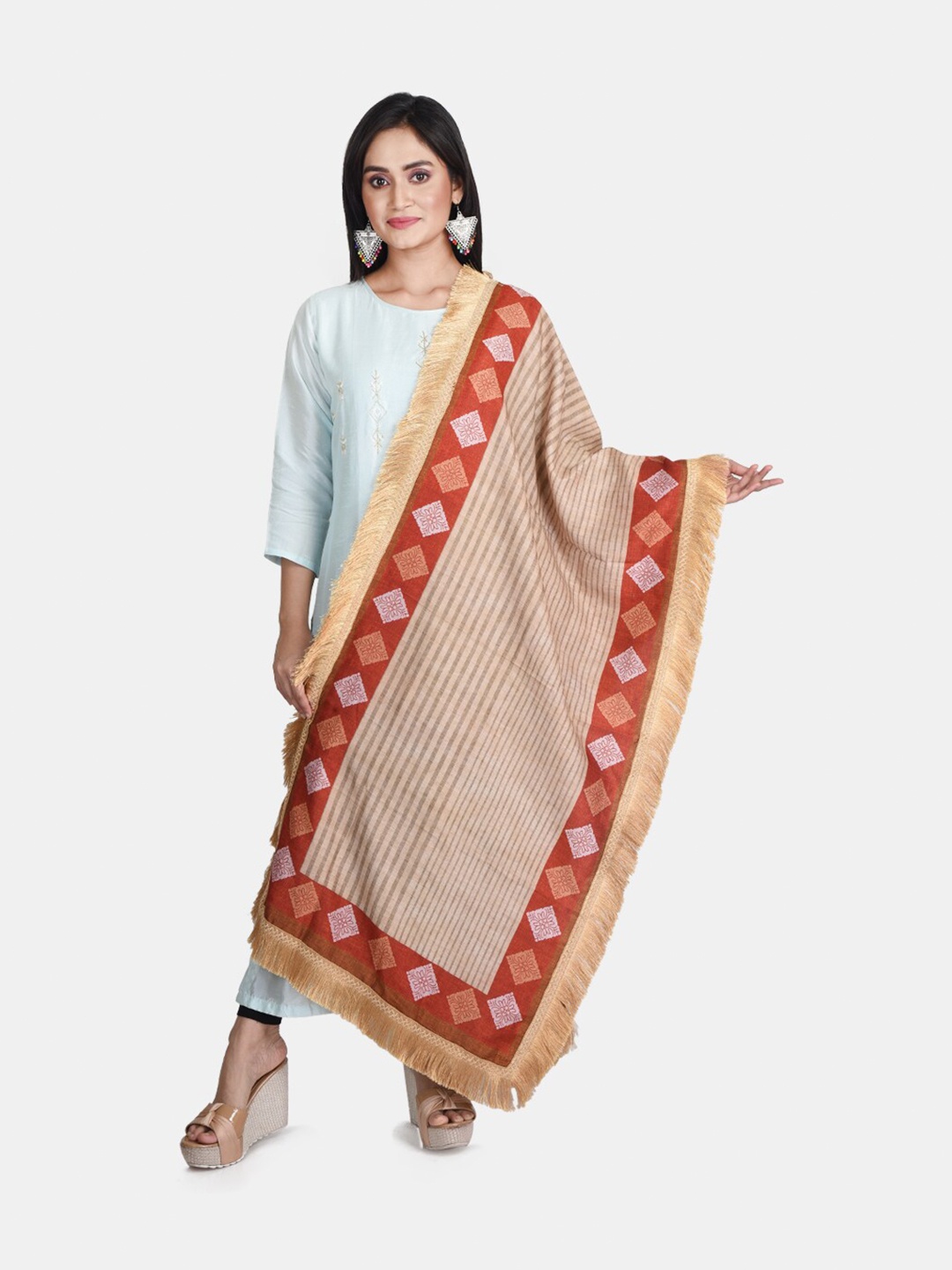 Sanwara Beige & Red Pashmina Printed Organza Dupatta With Gotta Patti