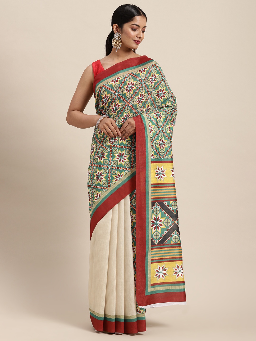 cbazaar Off White & Green Ethnic Motifs Silk Cotton Saree