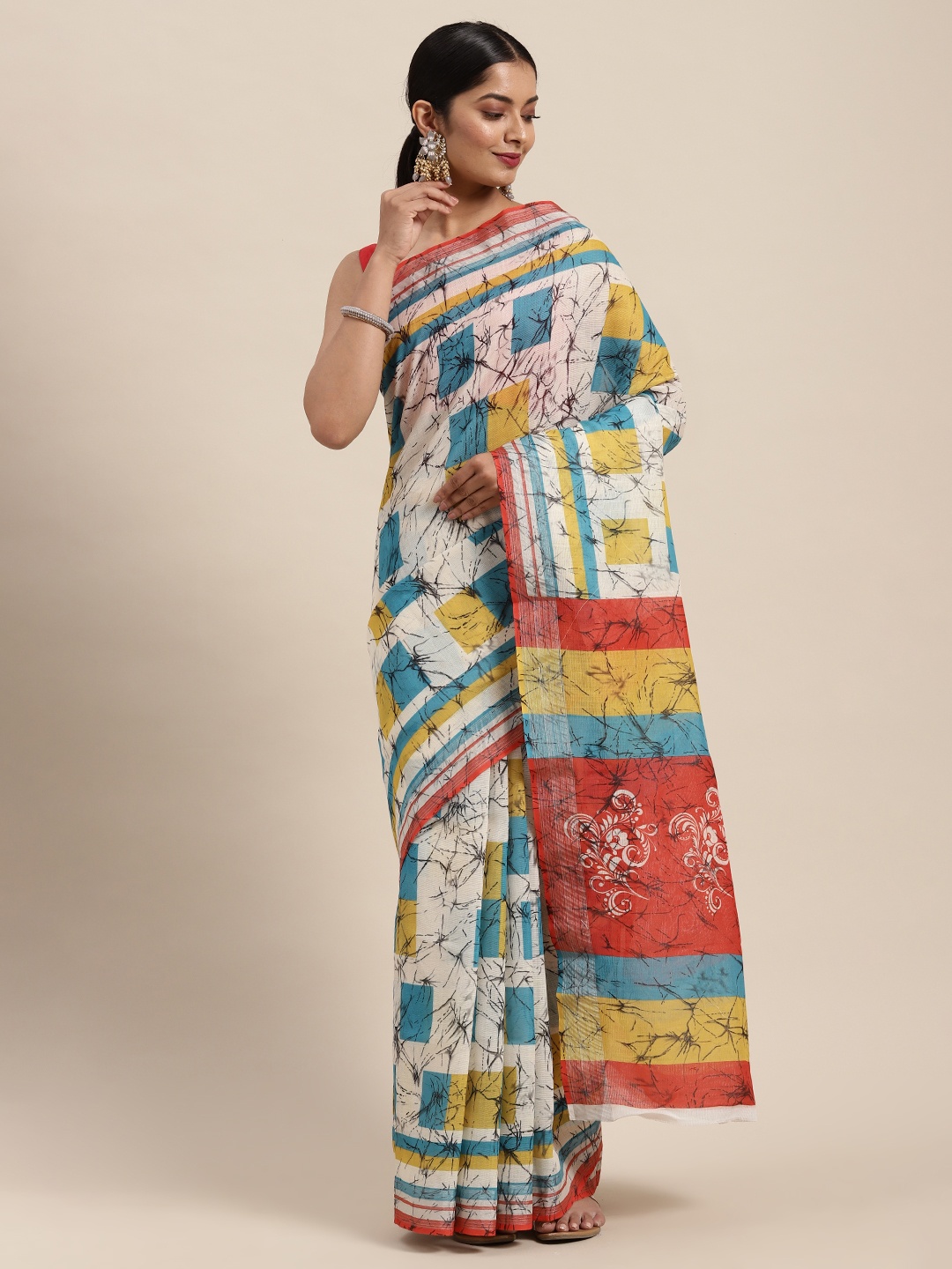 cbazaar Multicoloured Cotton Printed Saree with Unstitched Blouse, Multi