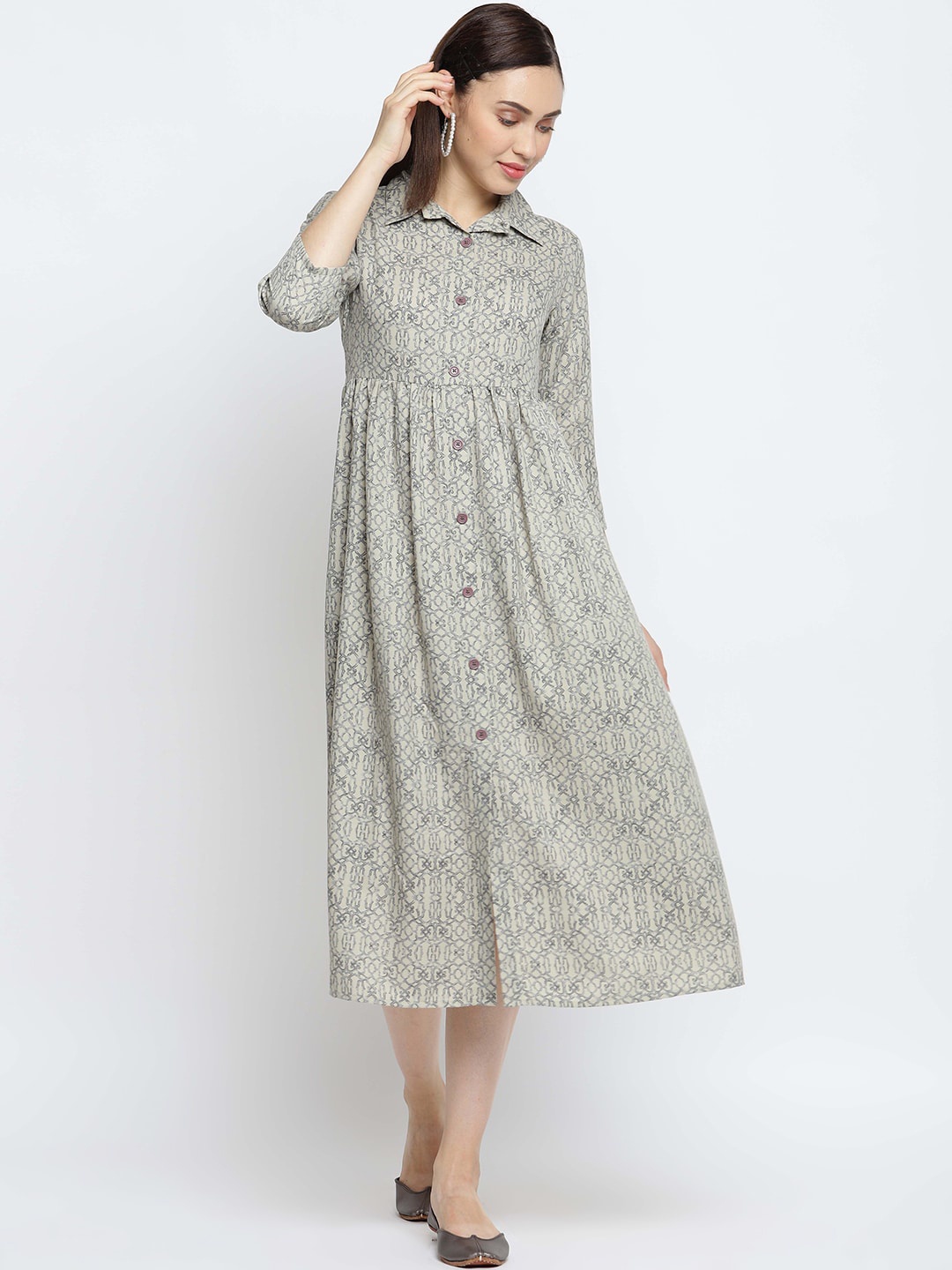 IMARA Women Grey Floral Ethnic Midi Dress