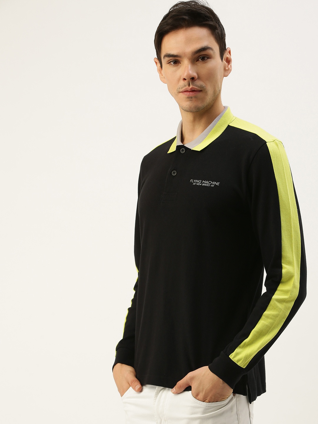 Flying Machine Men Black Polo Collar Pure Cotton T-shirt with Contrast Side Stripe Detail
Flying Machine Men Black Polo Collar Pure Cotton T-shirt with Contrast Side Stripe Detail