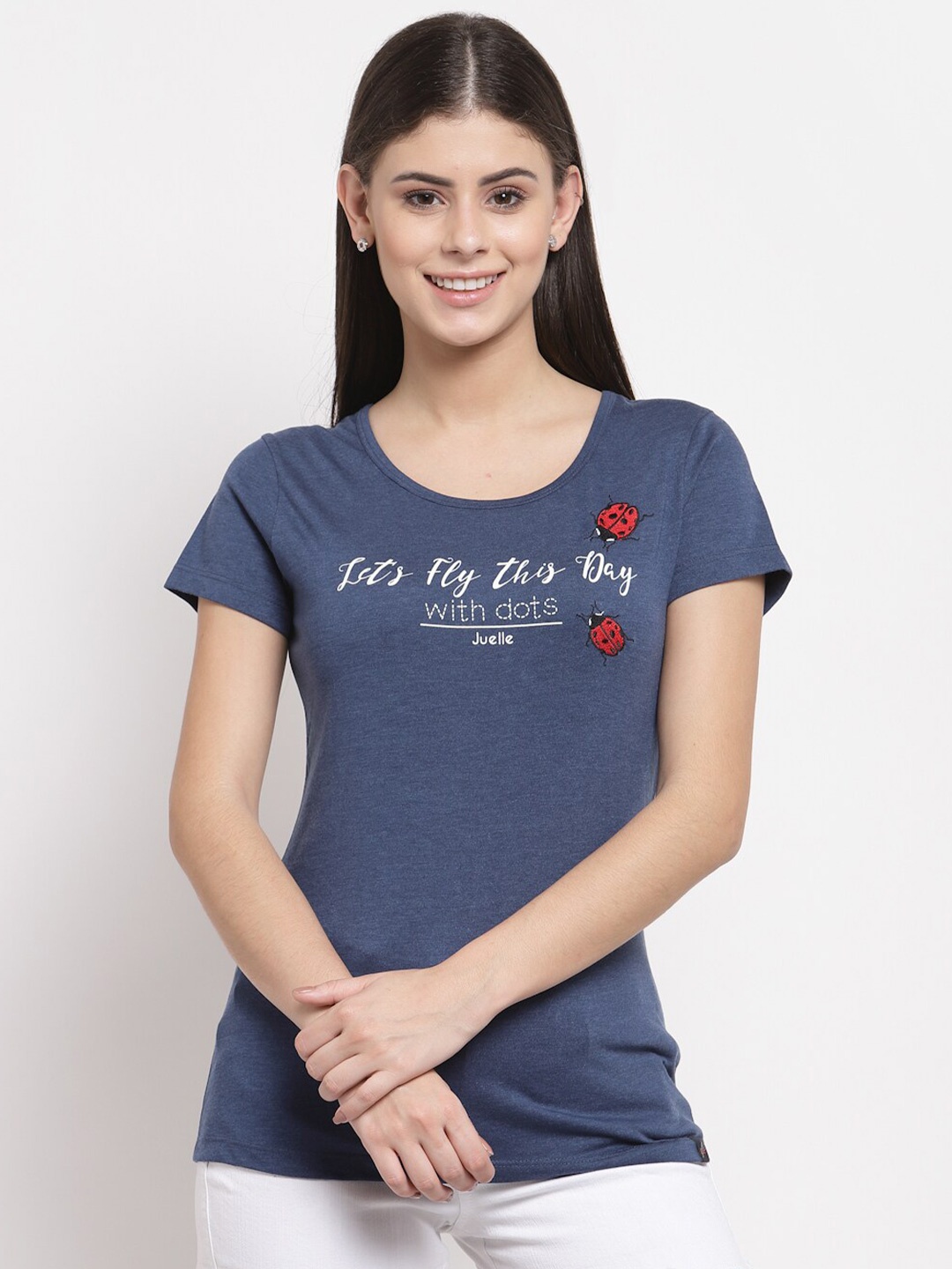 Juelle Women Blue & White Typography T-shirt