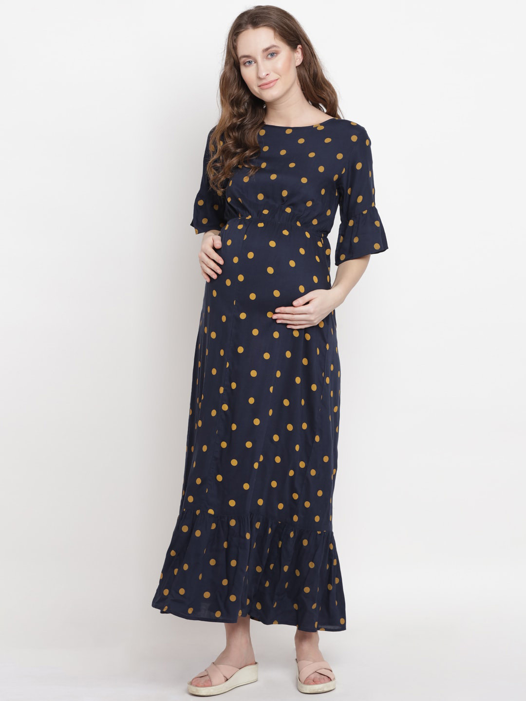 Mine4Nine Navy Blue & Mustard Polka Dots Printed Maternity Maxi Dress
Mine4Nine Navy Blue & Mustard Polka Dots Printed Maternity Maxi Dress