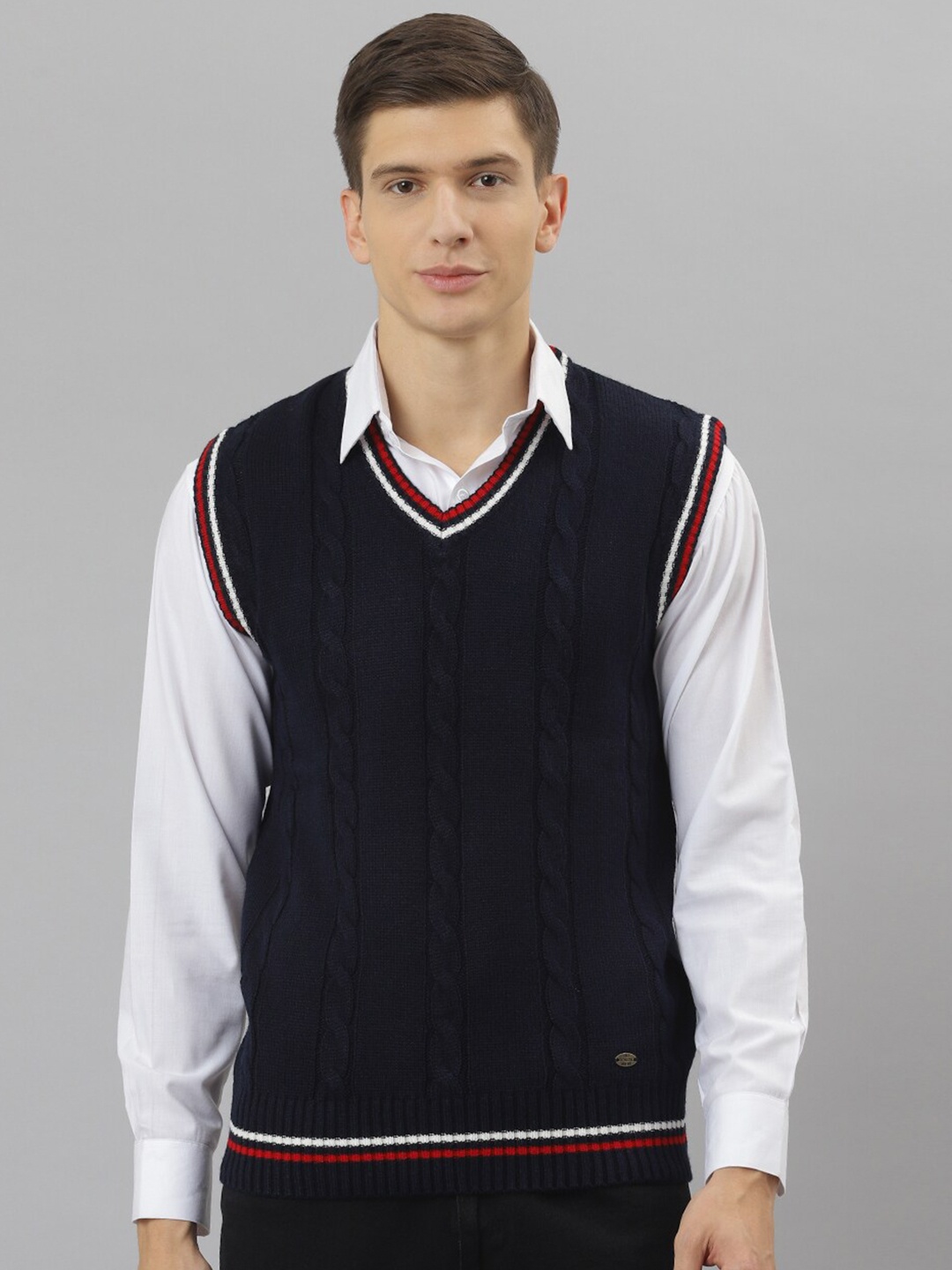 Richlook Men Navy Blue & White Sweater Vest