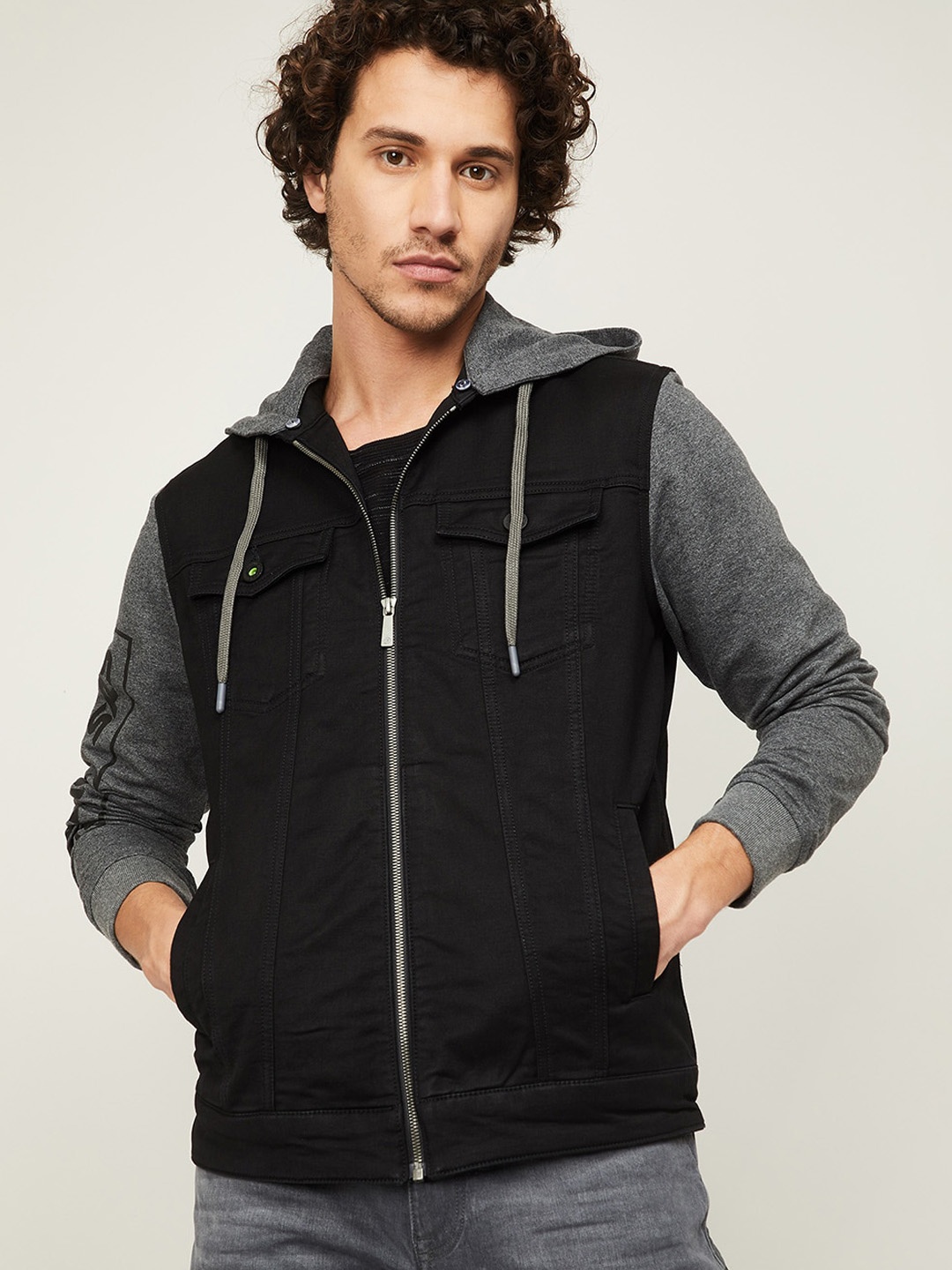 Bossini Men Black & Grey Solid Hooded Denim Jacket
