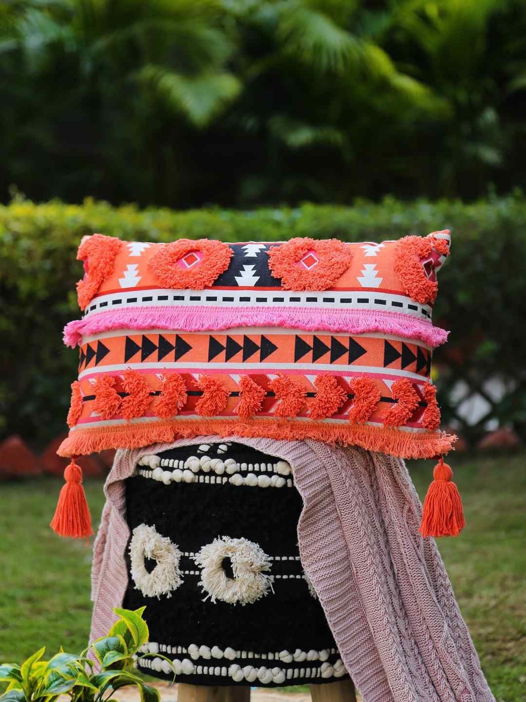 Amoliconcepts Multicoloured Self Design Tufted Cotton Rectangle Cushion Covers, Multi