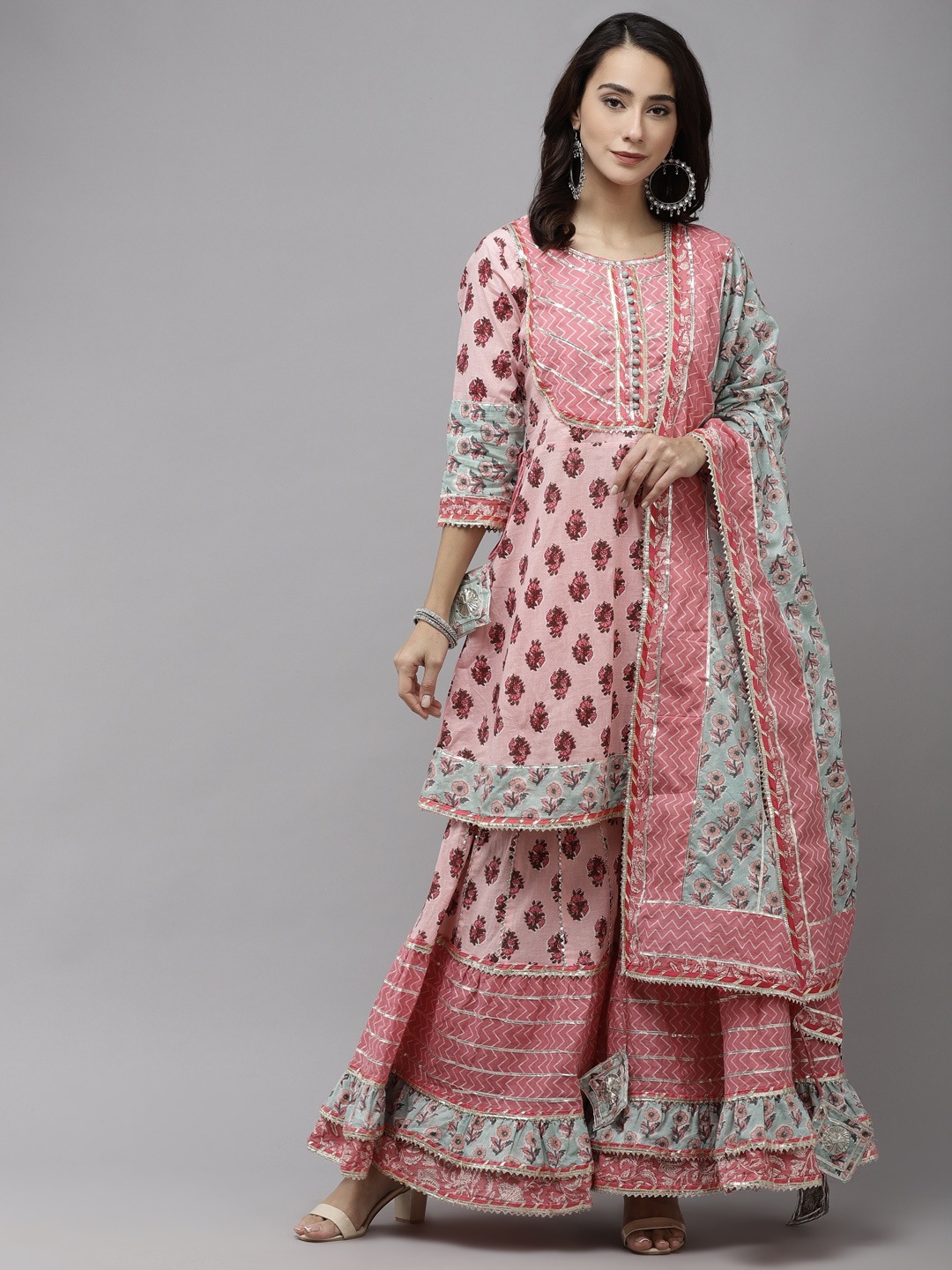 Ishin Women Pink Embroidered Empire Gotta Patti Pure Cotton Kurta with Sharara & With Dupatta
Ishin Women Pink Embroidered Empire Gotta Patti Pure Cotton Kurta with Sharara & With Dupatta