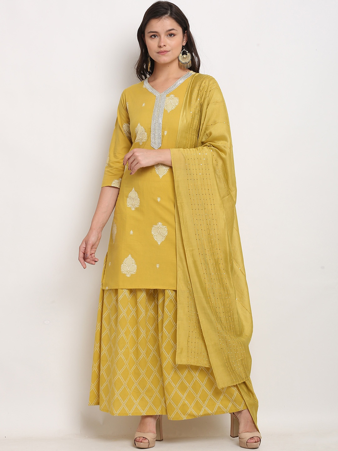 Rajnandini Women Yellow Ethnic Motifs Regular Pure Cotton Kurta with Sharara & With Dupatta
Rajnandini Women Yellow Ethnic Motifs Regular Pure Cotton Kurta with Sharara & With Dupatta