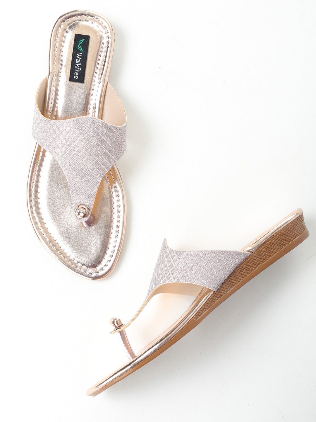 Walkfree Women Silver-Toned T-Strap Flats