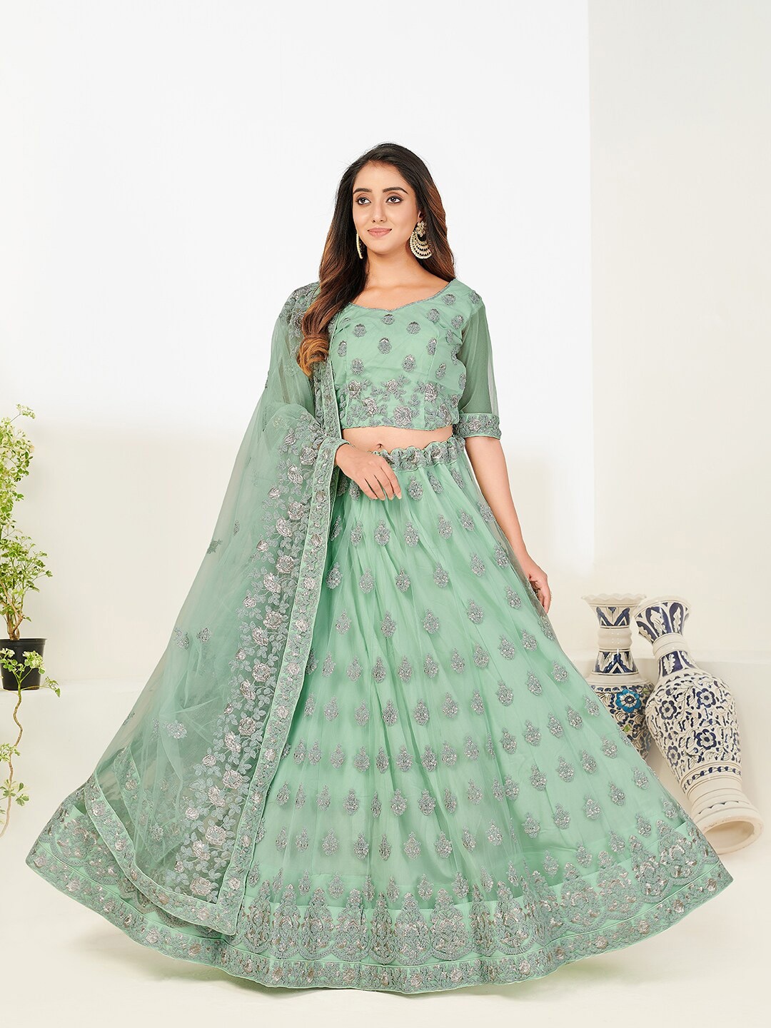 SHOPGARB Green & Grey Embellished Semi-Stitched Lehenga & Unstitched Blouse With Dupatta
SHOPGARB Green & Grey Embellished Semi-Stitched Lehenga & Unstitched Blouse With Dupatta