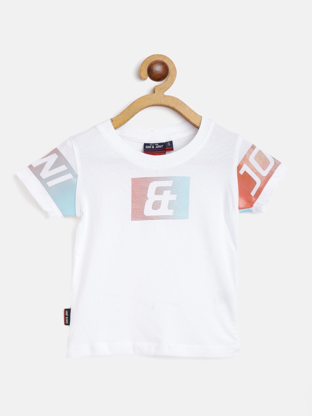 Gini and Jony Infant Boys White & Blue Brand Logo Printed T-shirt