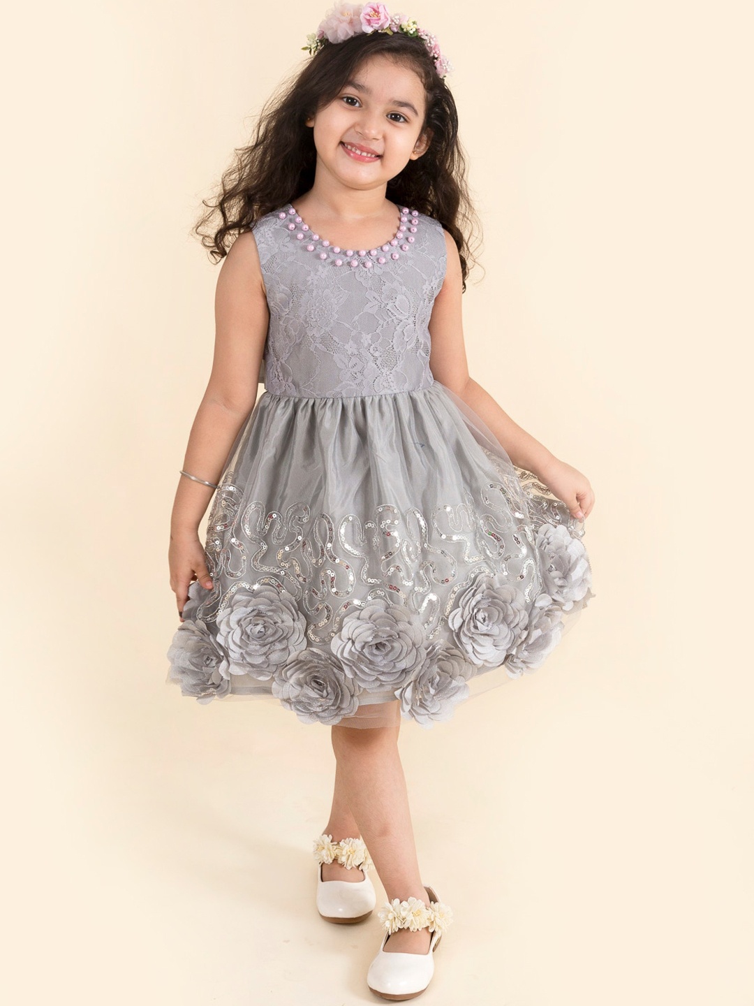 pspeaches Grey Floral Self Design Net Dress