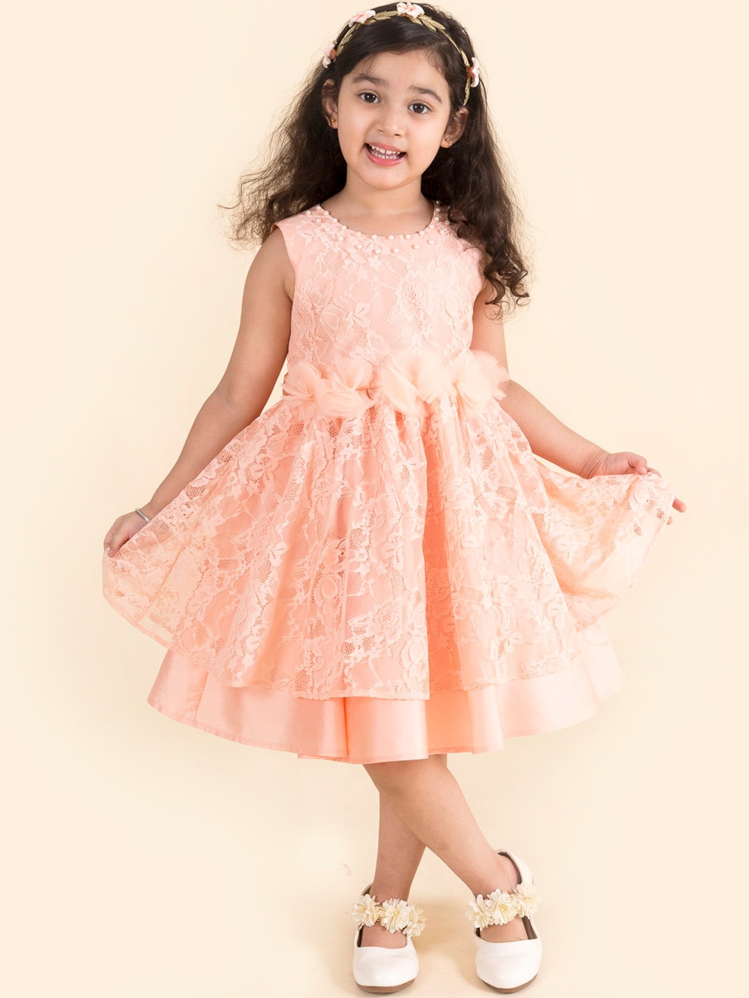 Pspeaches Girls Peach Fit & Flare Midi Net Dress