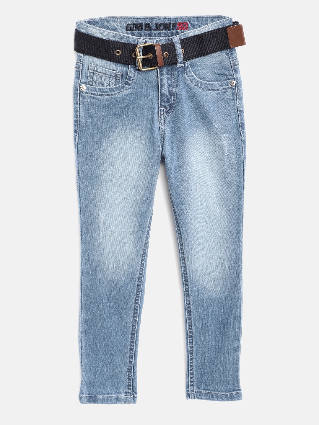 Gini and Jony Boys Blue Slim Fit Mildly Distressed Light Fade Stretchable Jeans with Belt
Gini and Jony Boys Blue Slim Fit Mildly Distressed Light Fade Stretchable Jeans with Belt