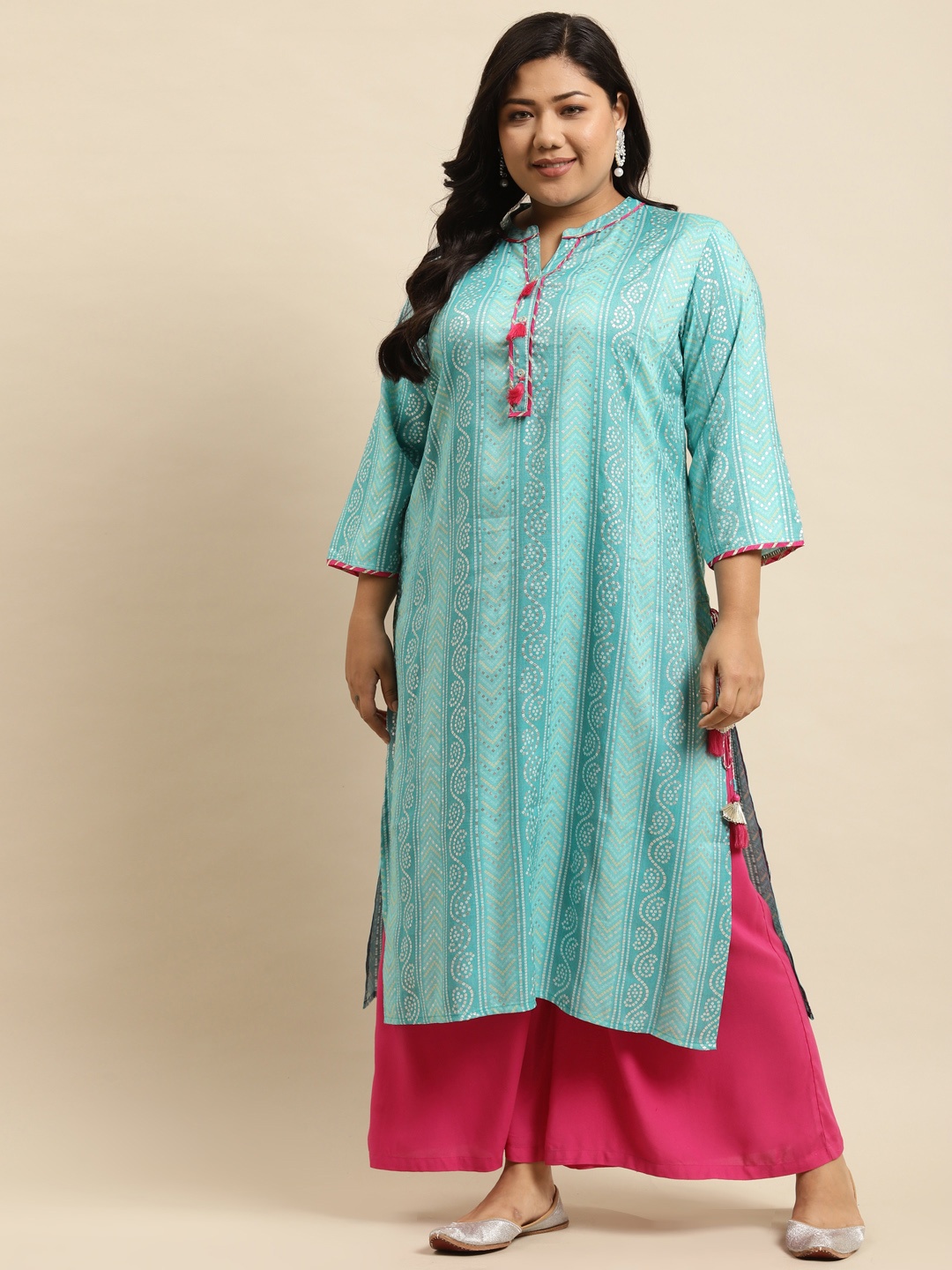 RANGMAYEE Plus Size Women Blue & Pink Bandhani Printed Gotta Patti Indie Prints Liva Kurta
RANGMAYEE Plus Size Women Blue & Pink Bandhani Printed Gotta Patti Indie Prints Liva Kurta