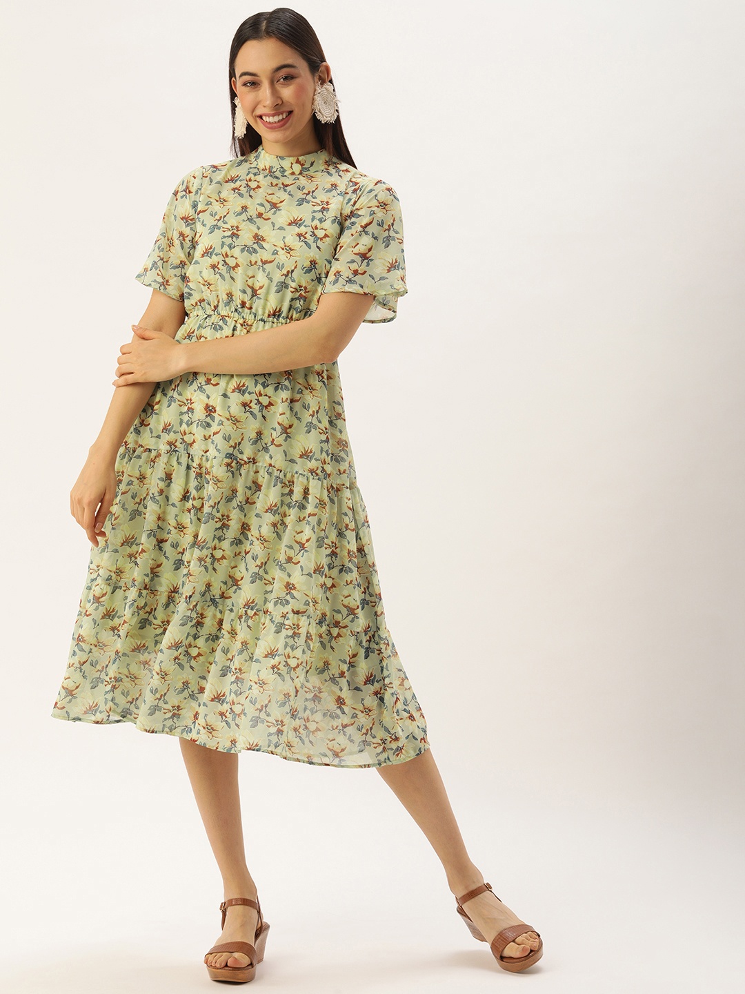 MELOSO Lime Green & Brown Floral Tiered Georgette Midi Dress with High Neck & Empire Waist
MELOSO Lime Green & Brown Floral Tiered Georgette Midi Dress with High Neck & Empire Waist