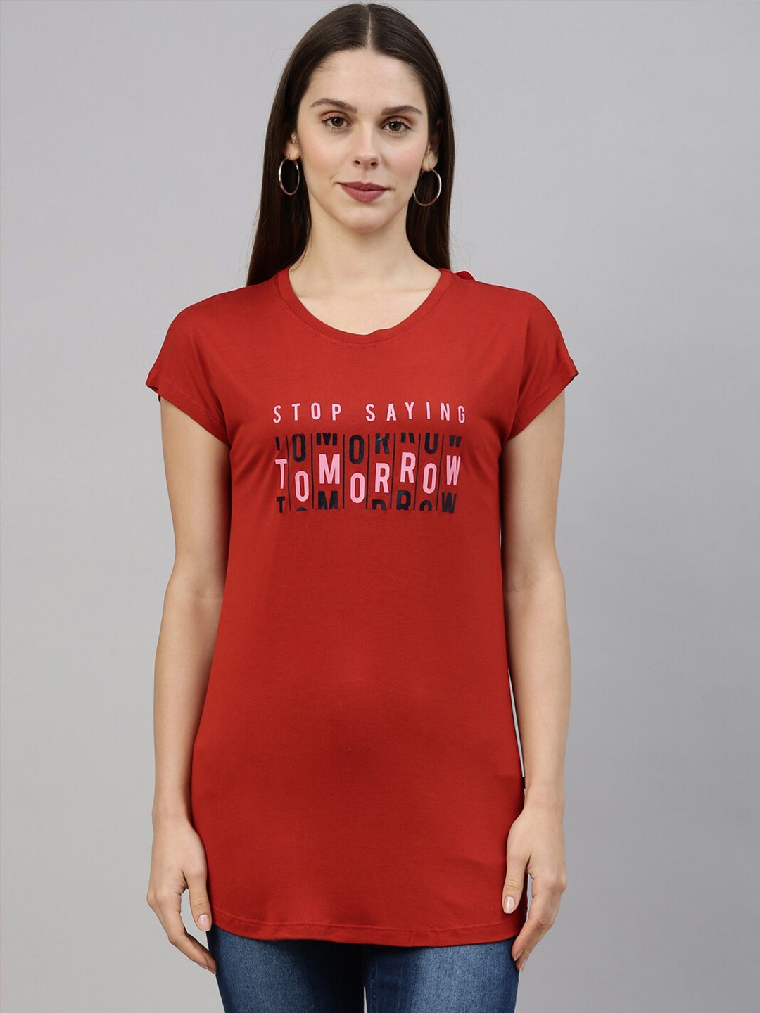 GOLDSTROMS Women Rust Red Typography Printed T-shirt