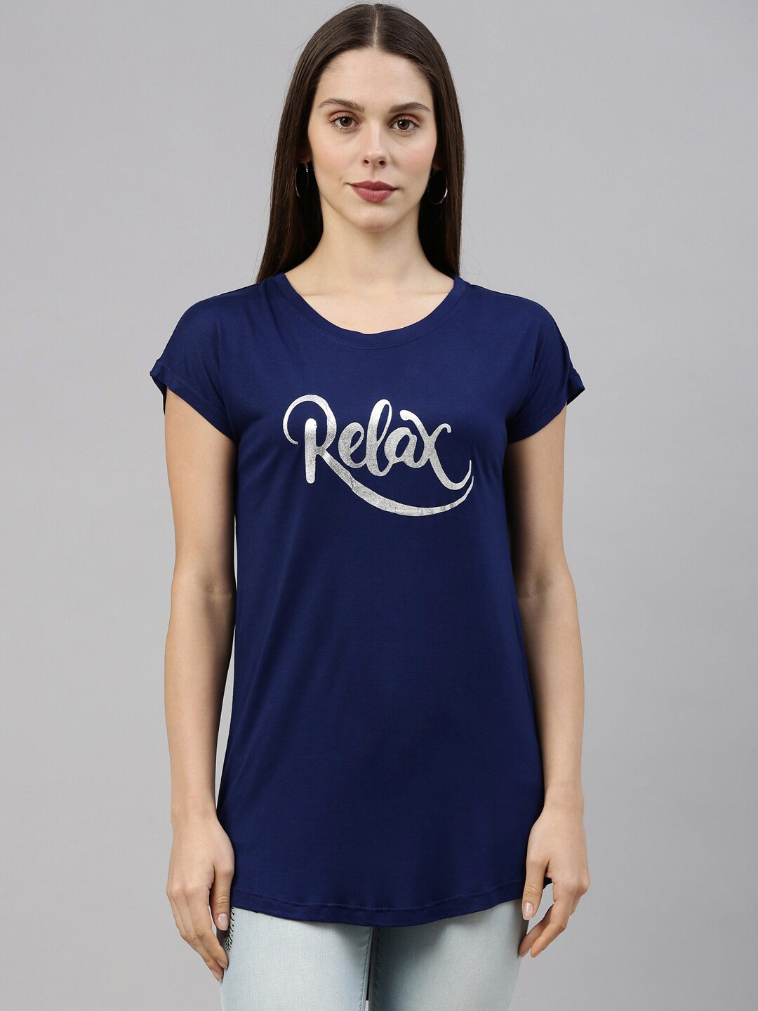 GOLDSTROMS Women Navy Blue Typography Printed T-shirt