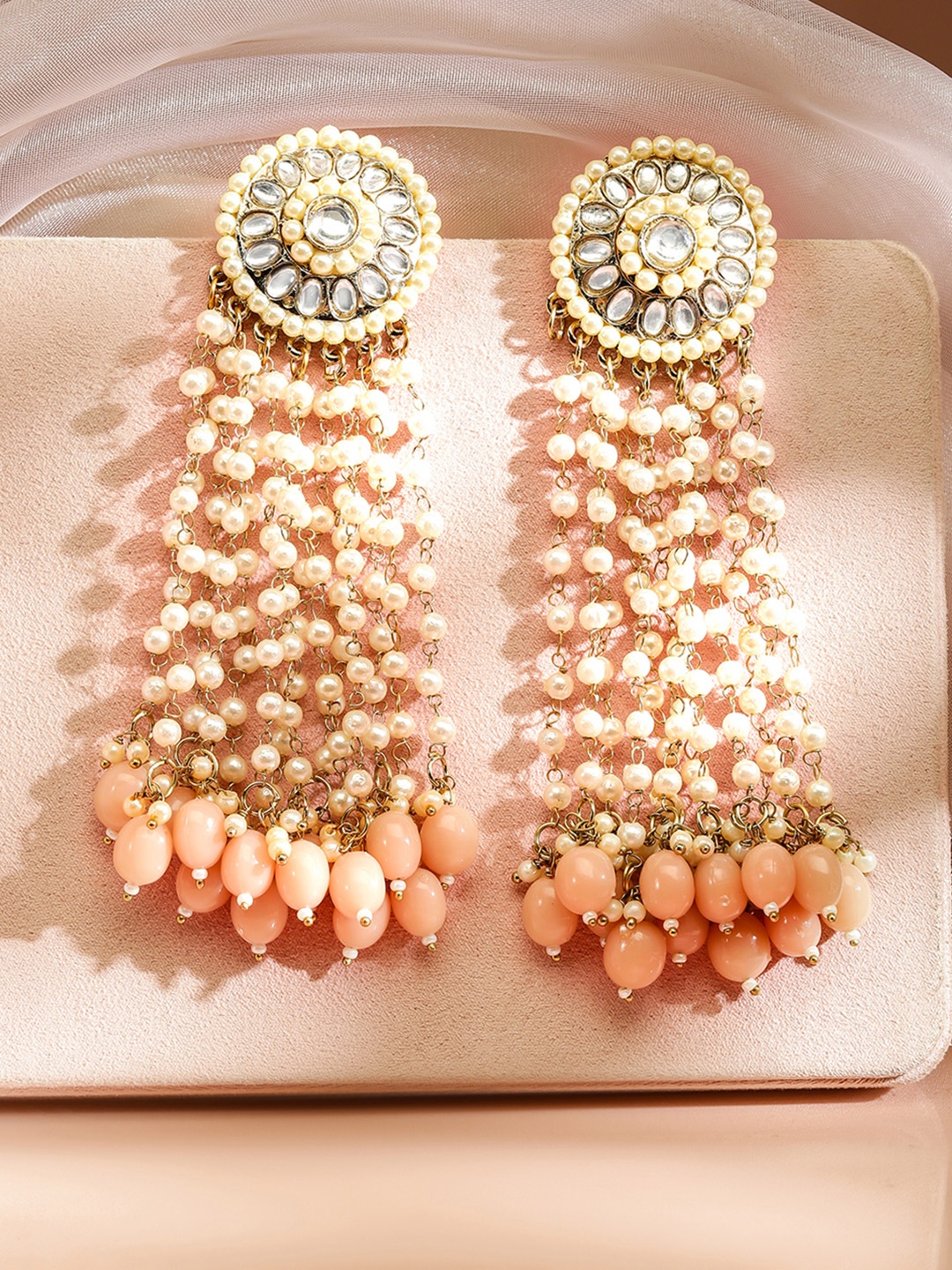 Rubans 18K Gold-Plated Multilayered Kundan & Pearl & Pink Beads Beaded Long Earrings
Rubans 18K Gold-Plated Multilayered Kundan & Pearl & Pink Beads Beaded Long Earrings
