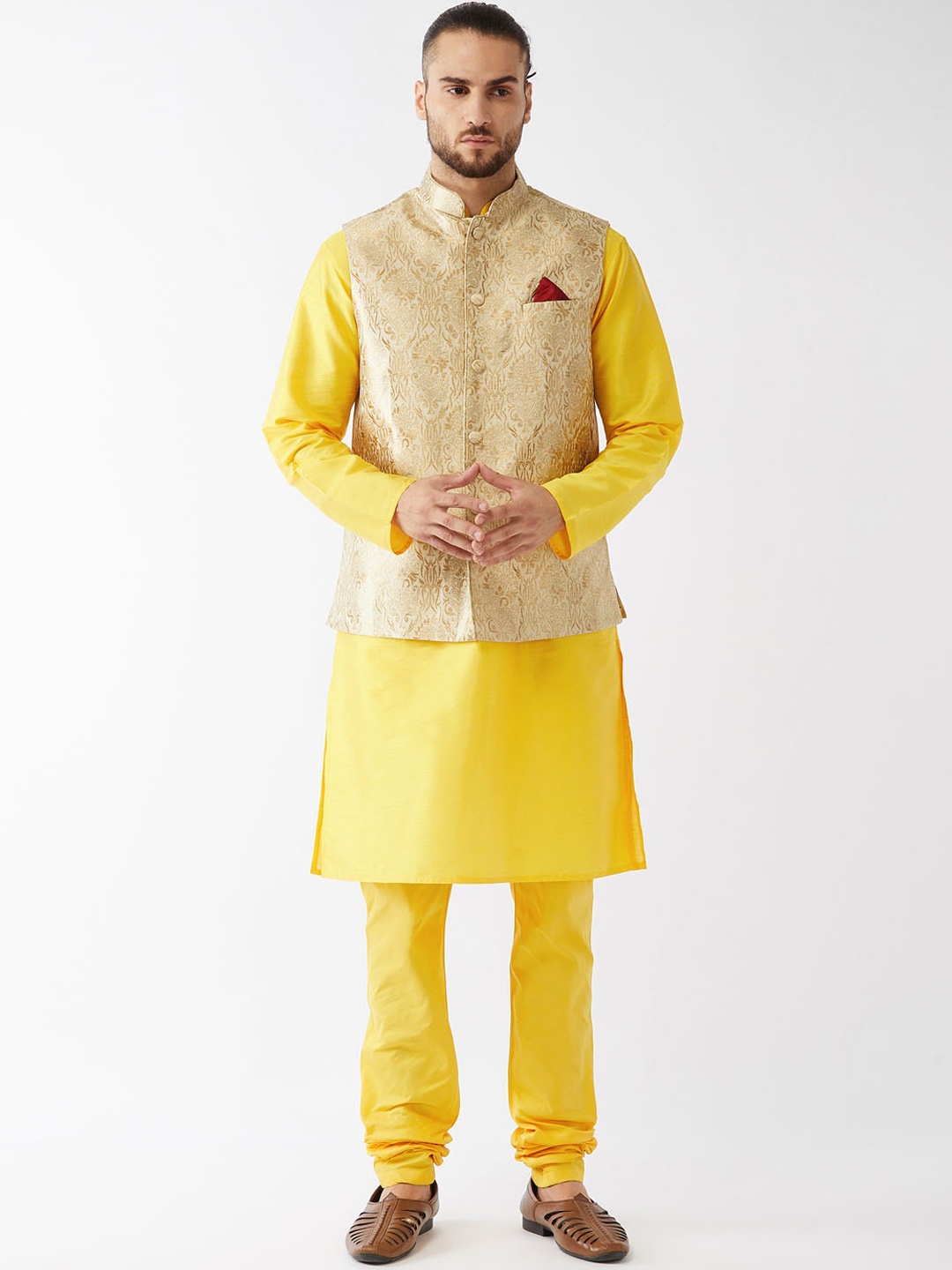 VASTRAMAY Men Yellow-Coloured Solid Regular Kurta With Churidar & Nehru Jacket
VASTRAMAY Men Yellow-Coloured Solid Regular Kurta With Churidar & Nehru Jacket