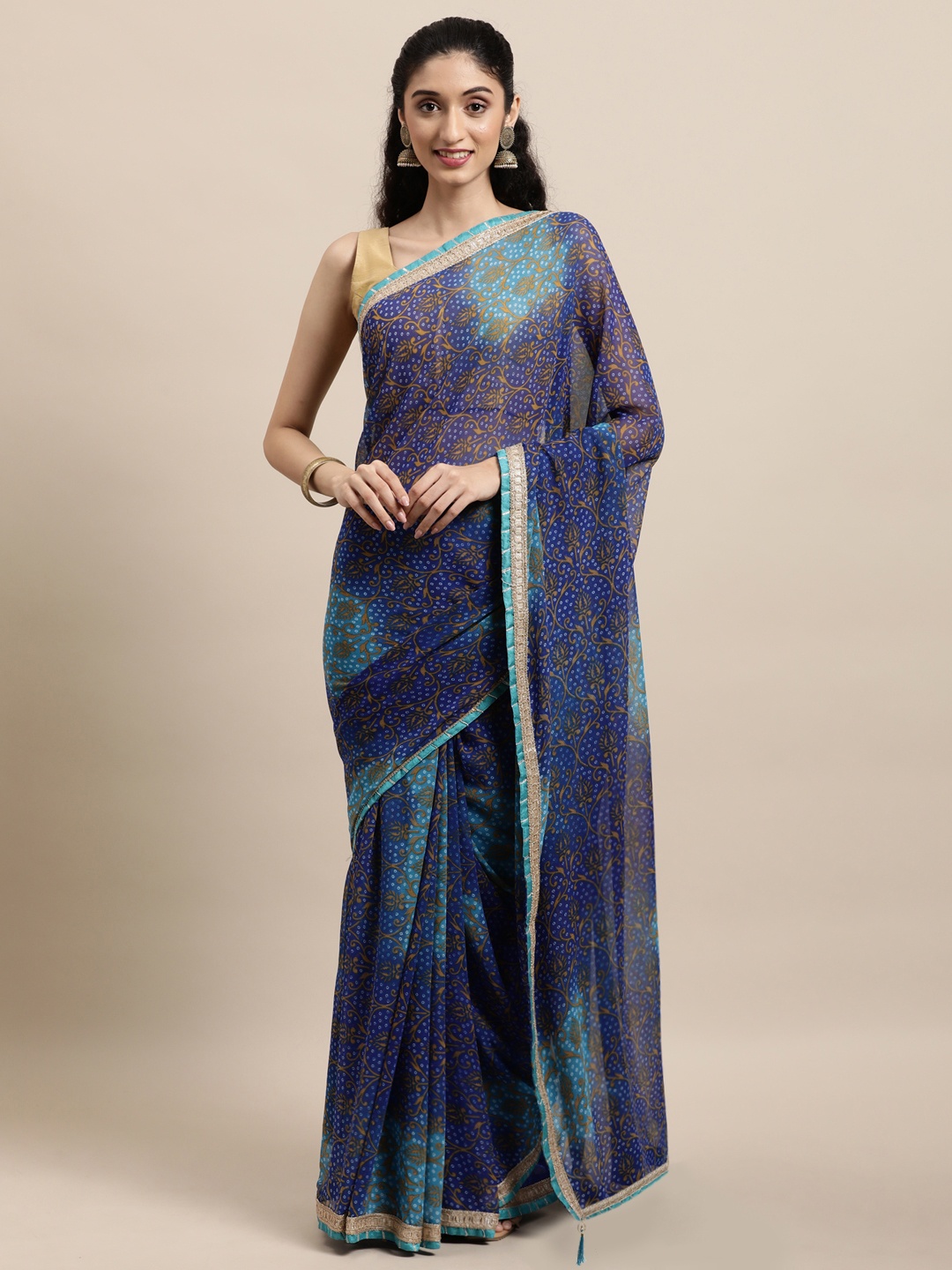 Triveni Blue Bandhani Pure Georgette Bandhani Saree