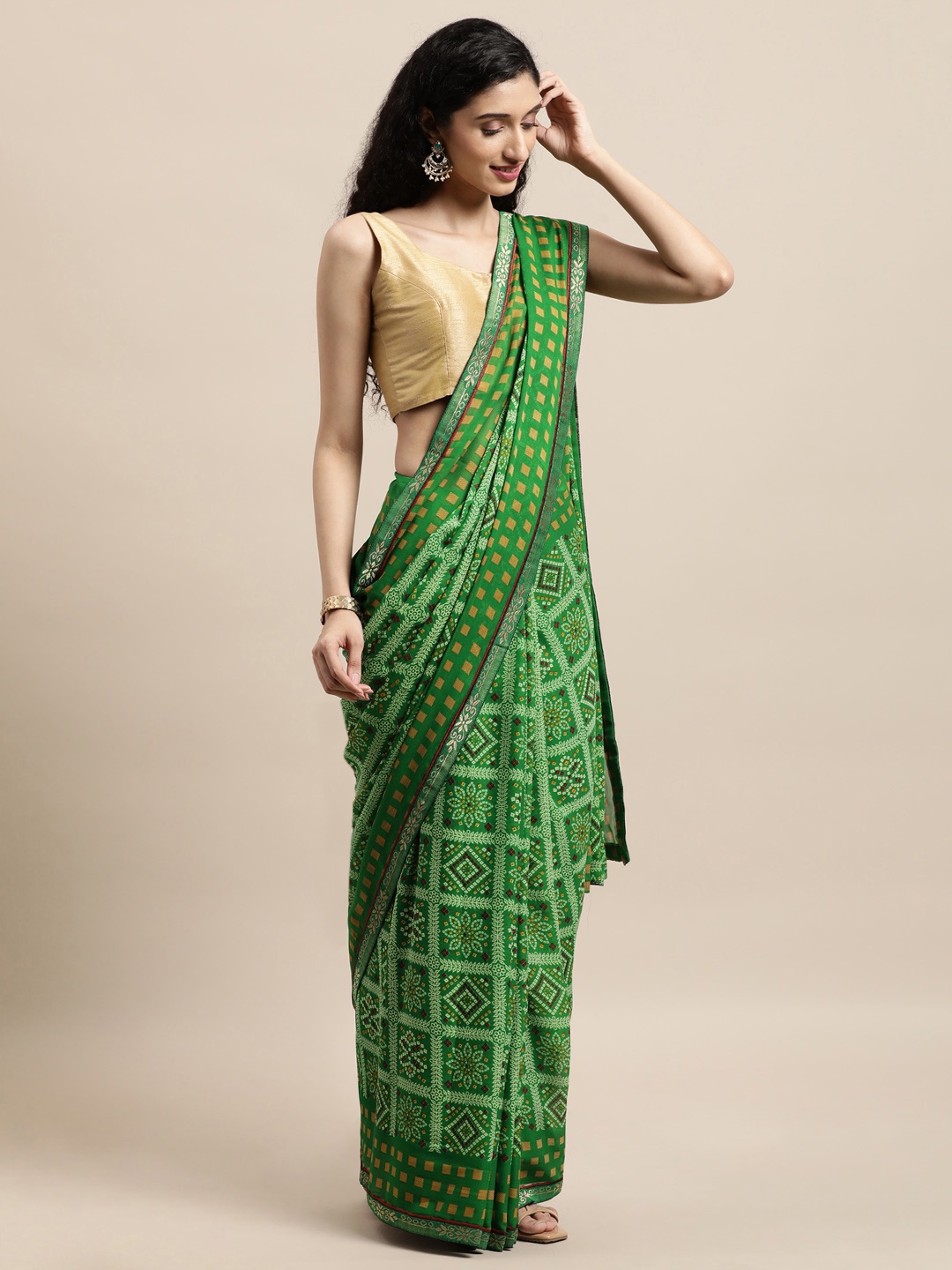 Triveni Green Bandhani Pure Georgette Bandhani Saree
