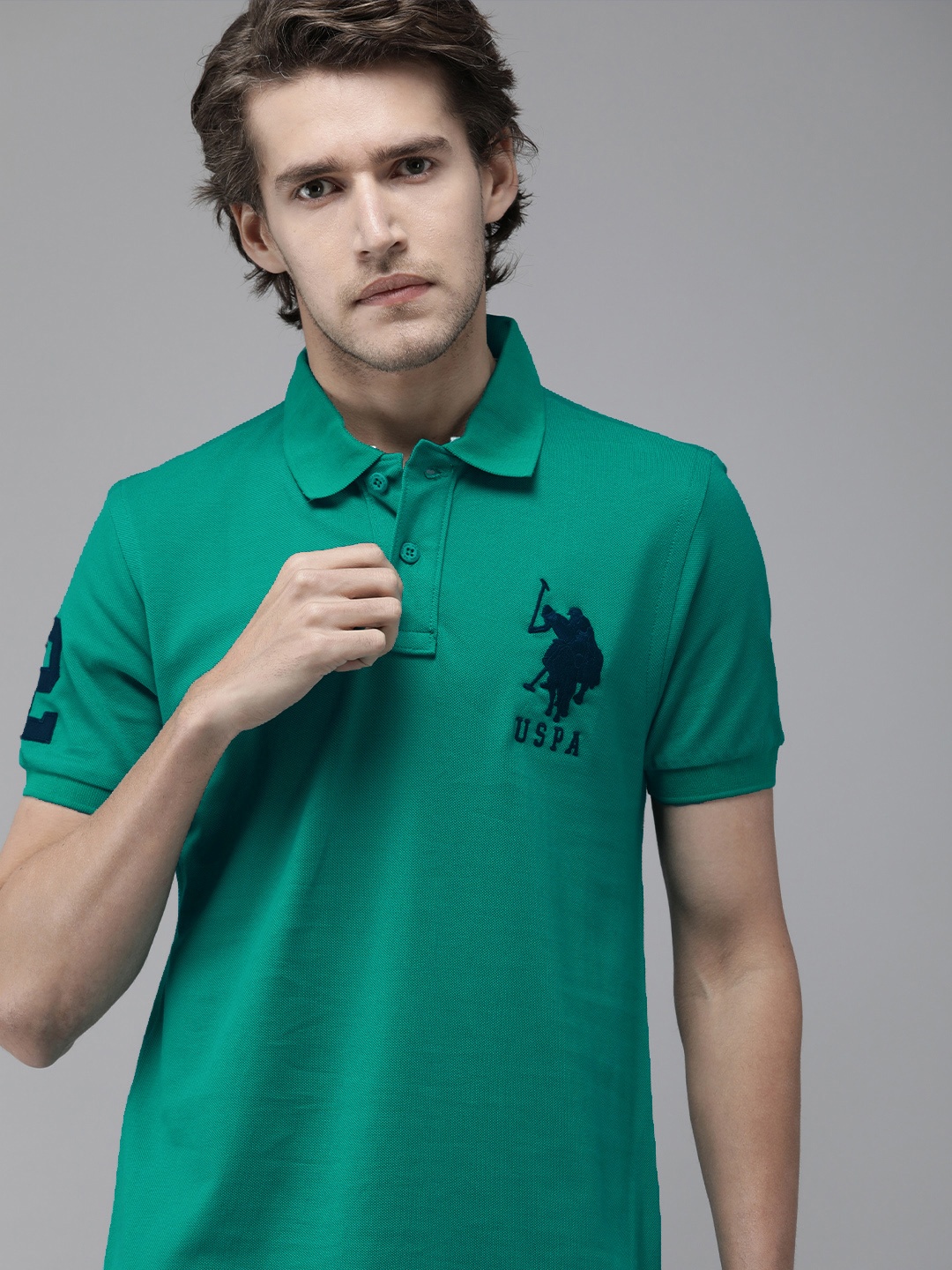 U S Polo Assn Men Green & Black Brand Logo Printed Polo Collar Slim Fit T-shirt