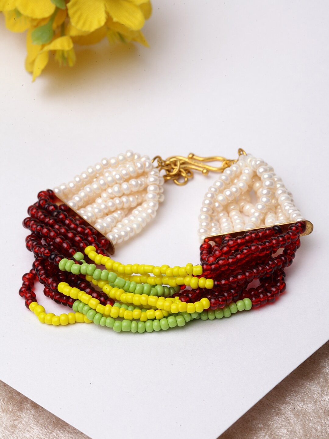 DUGRISTYLE Men Yellow & Maroon Gold-Plated Pearl Studded Multistrand Bracelet